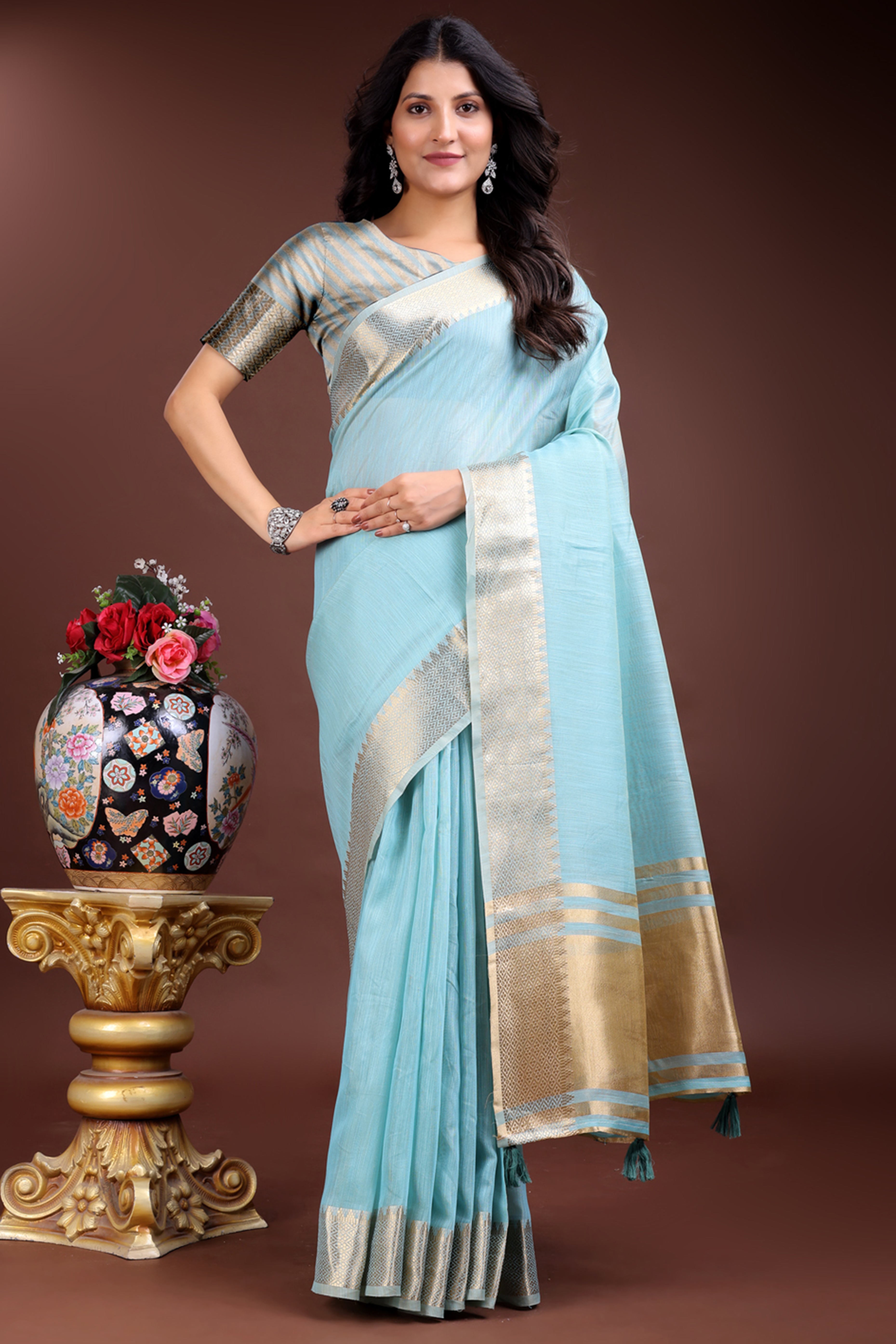 Sky Blue Cotton Silk Saree with Solid Zari Woven Trim and Tassels