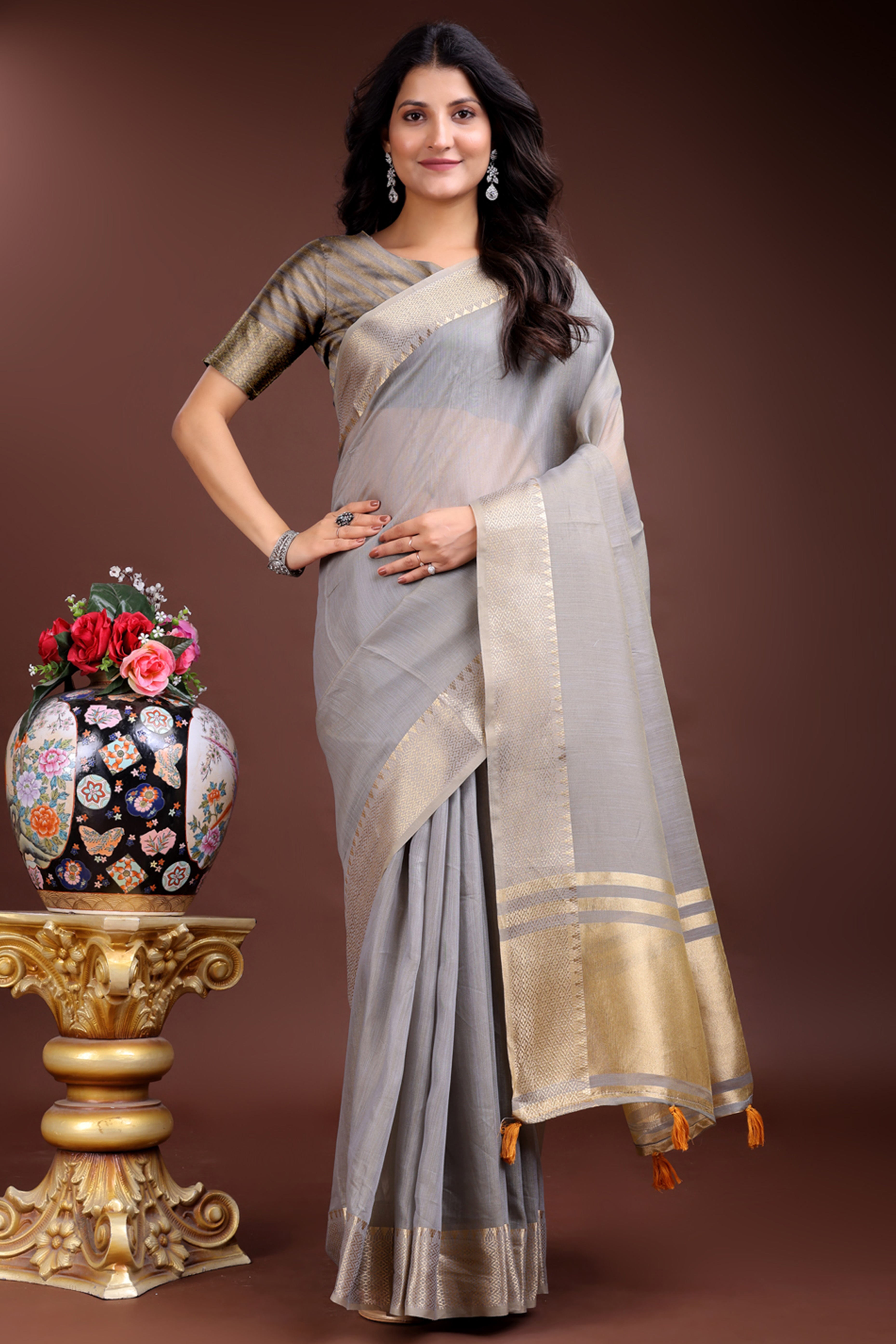 Grey Cotton Silk Saree with Solid Zari Woven Outline and Tassels
