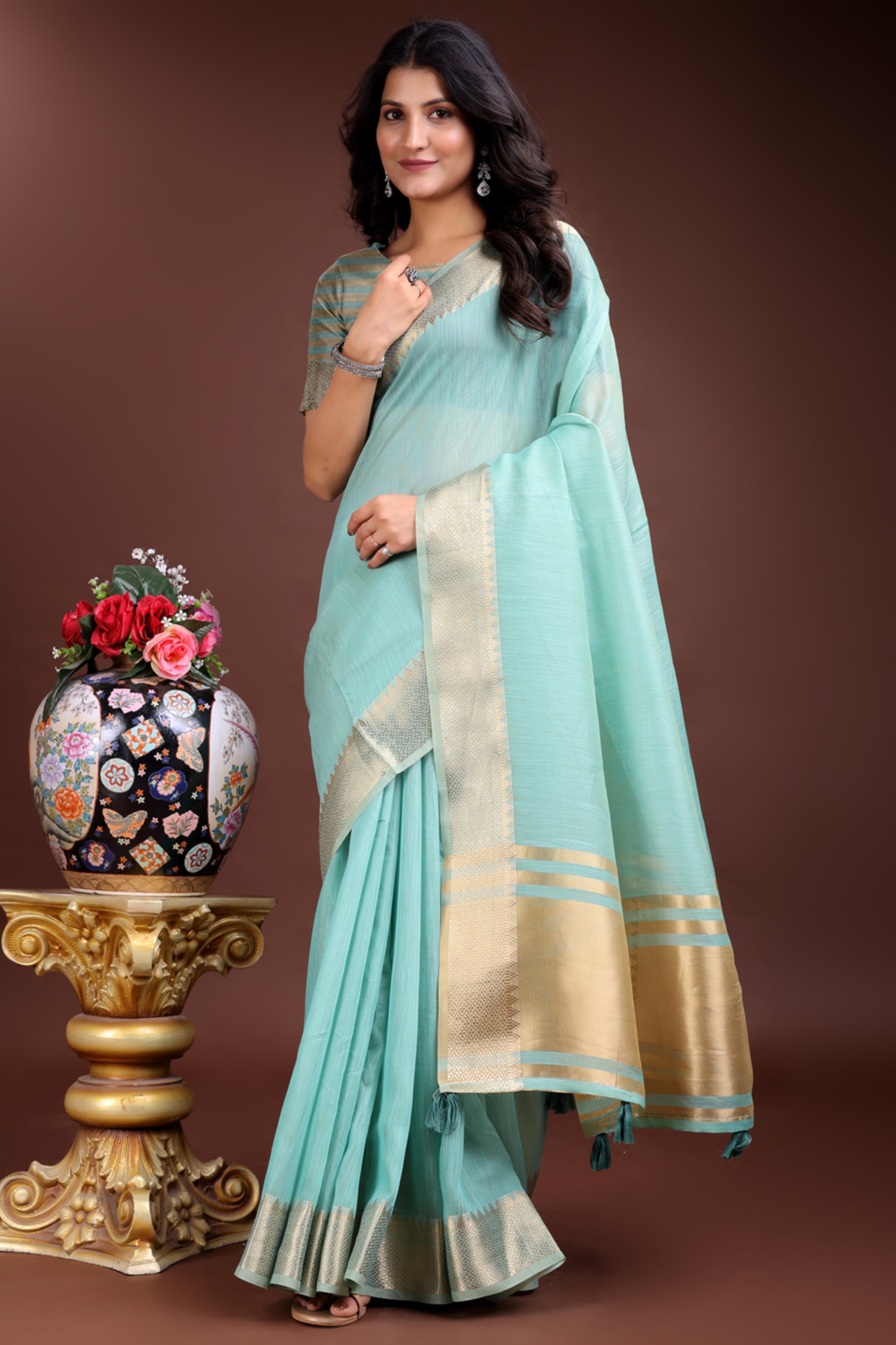 Sea Green Cotton Silk Saree with Solid Zari Woven Frame and Tassels