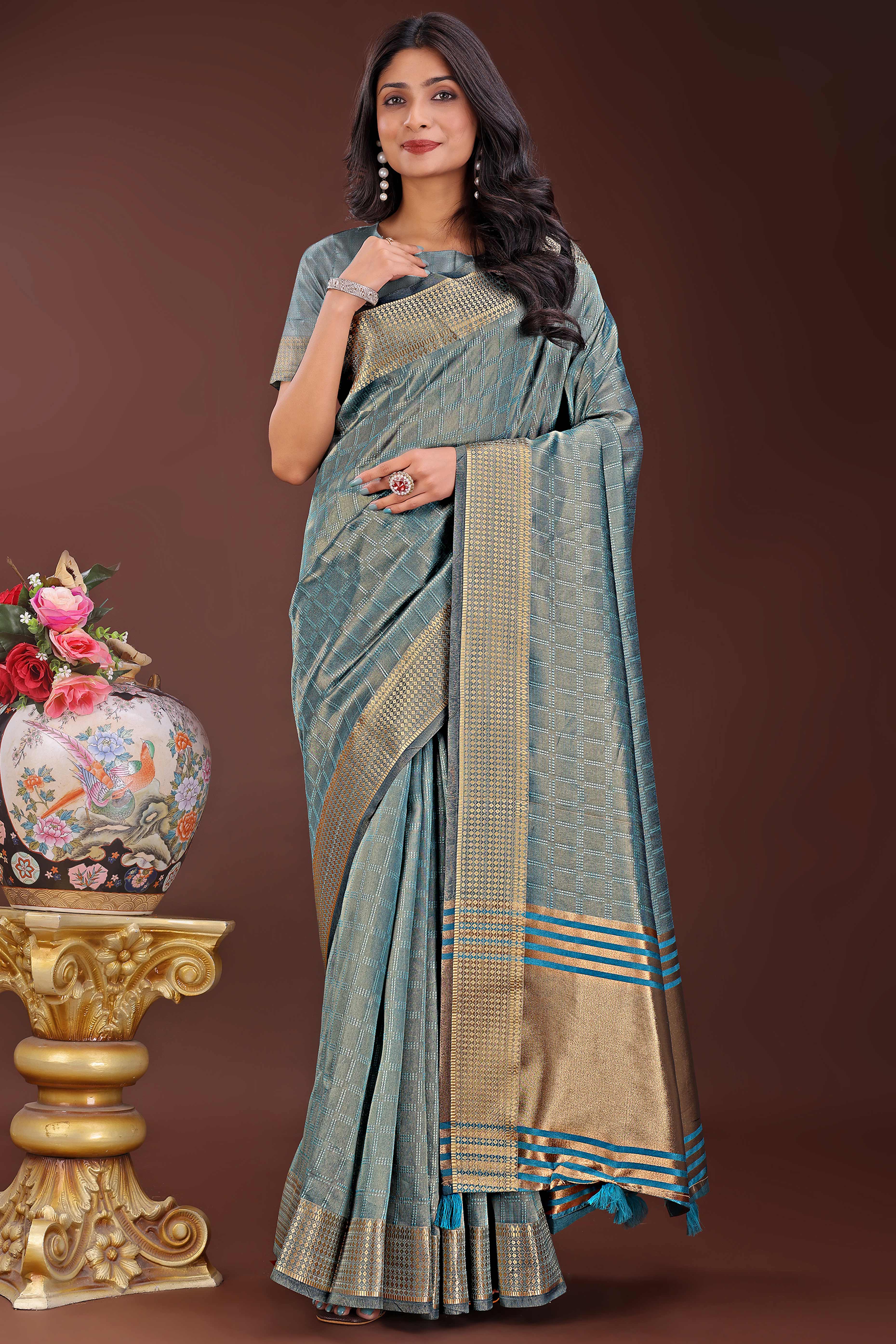 Blue Organza Saree With Intricate Zari Woven Checks & Tassel Border