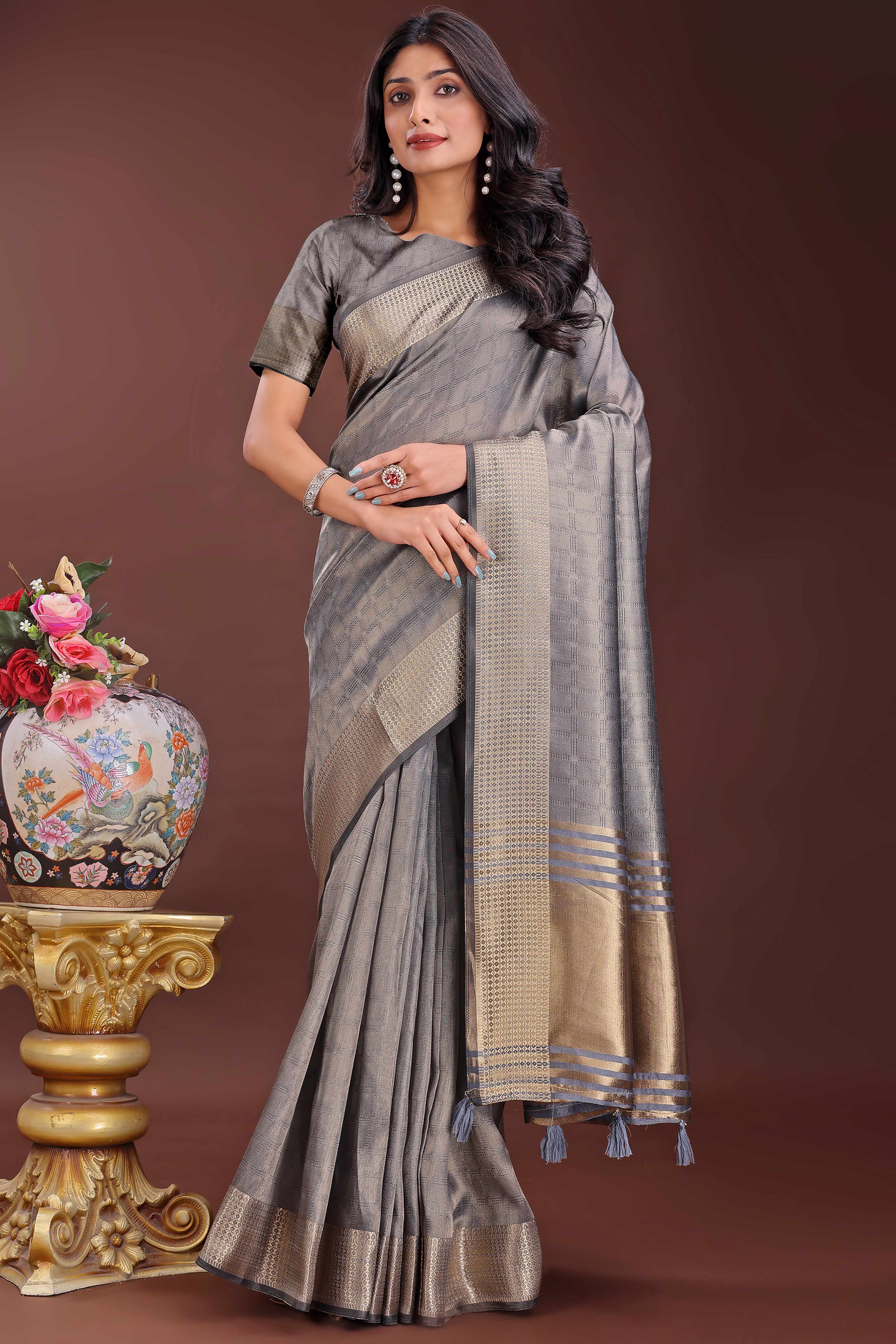 Grey Organza Saree With Intricate Zari Woven Checks & Tassel Border