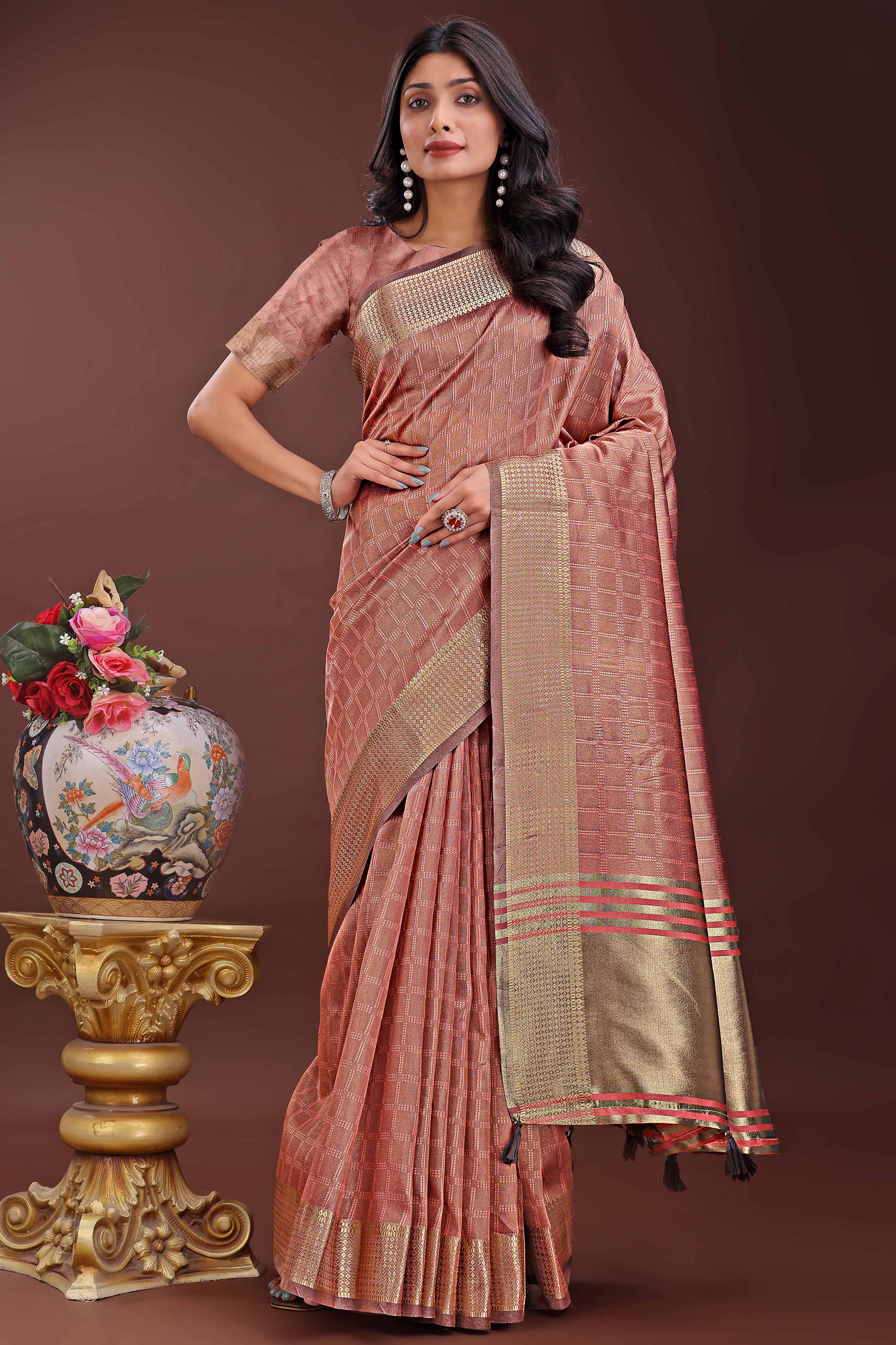 Peach Organza Saree With Intricate Zari Woven Checks & Tassel Border