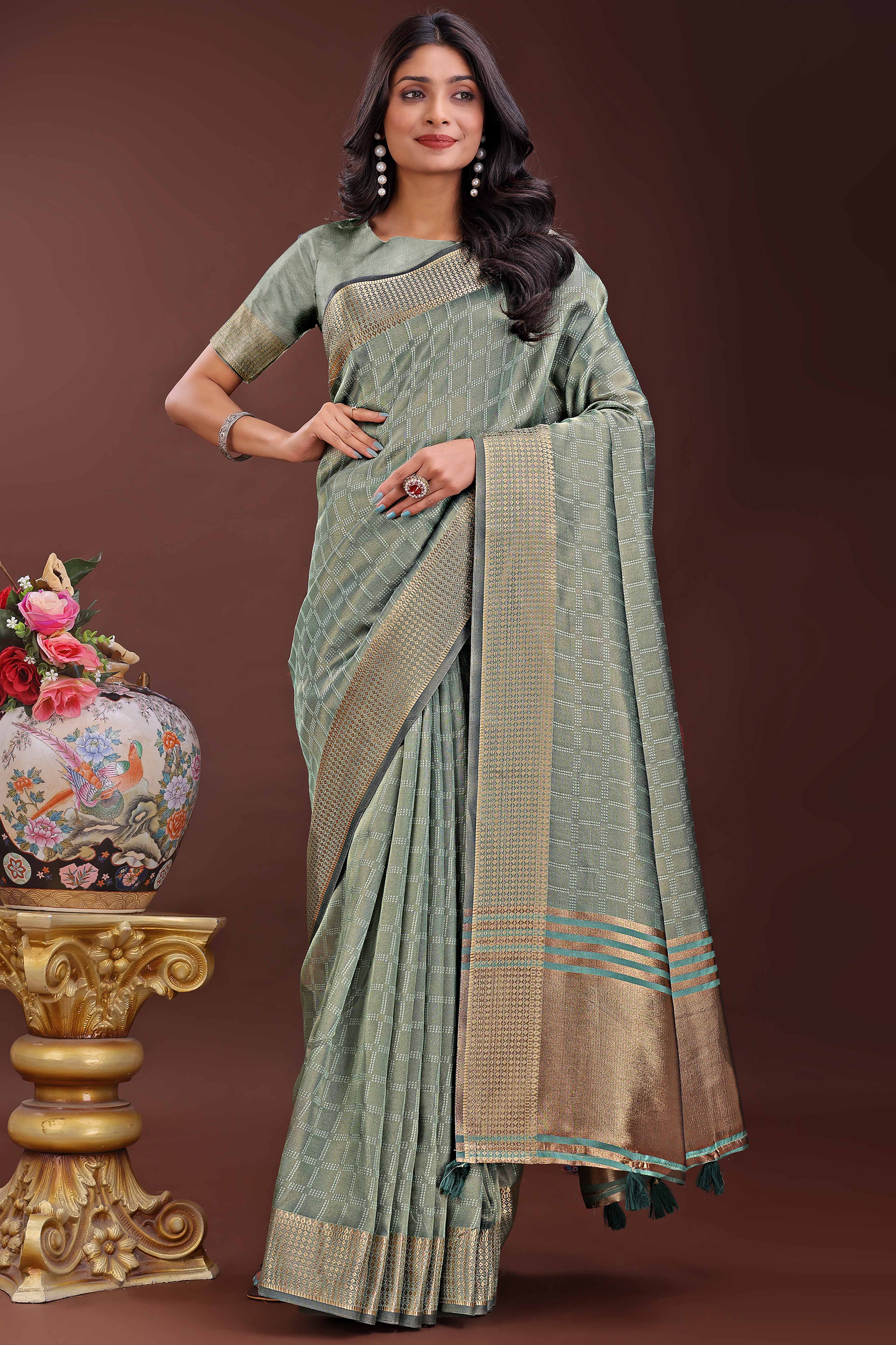 Green Organza Saree With Intricate Zari Woven Checks & Tassel Border
