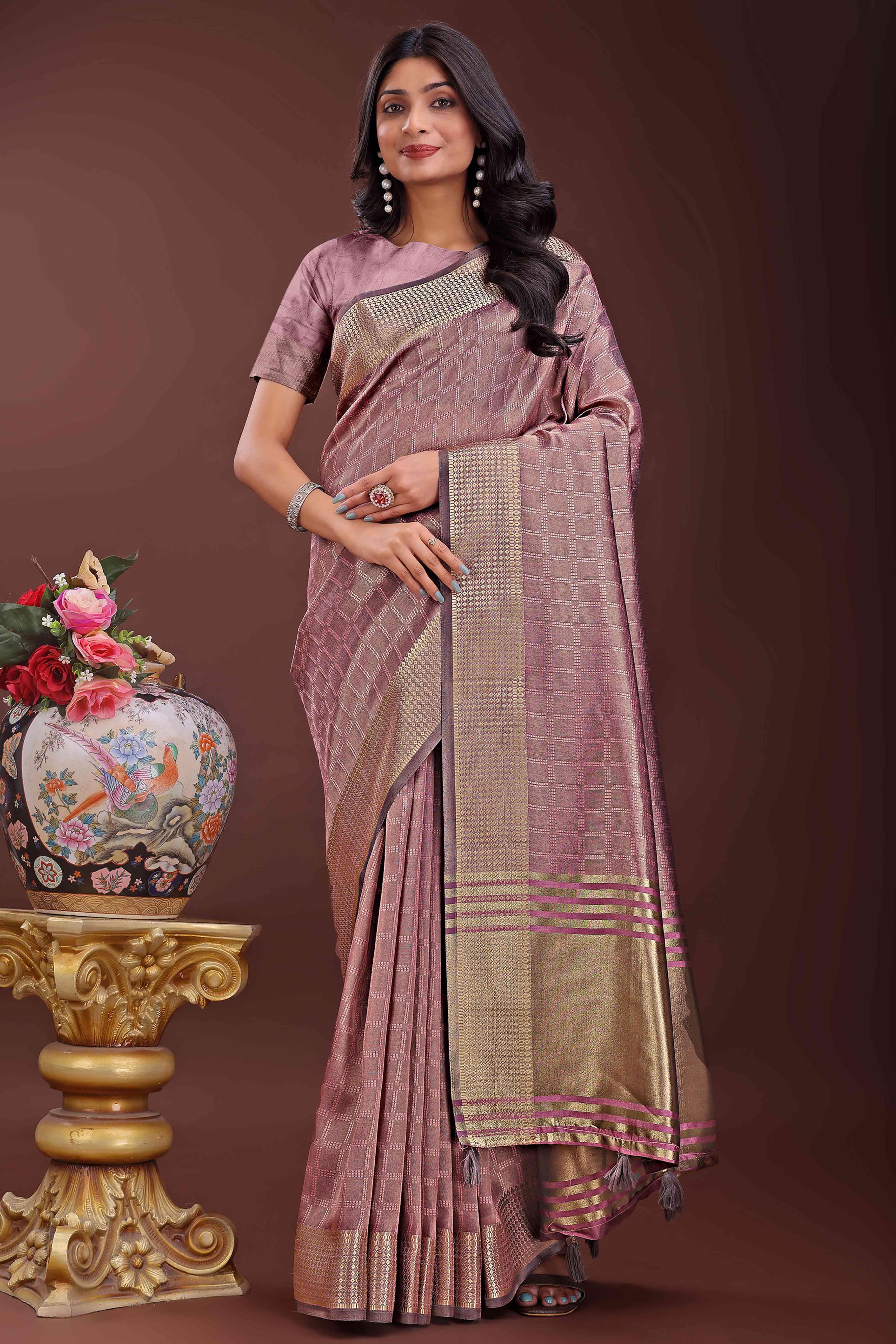 Mauve Organza Saree With Intricate Zari Woven Checks & Tassel Border