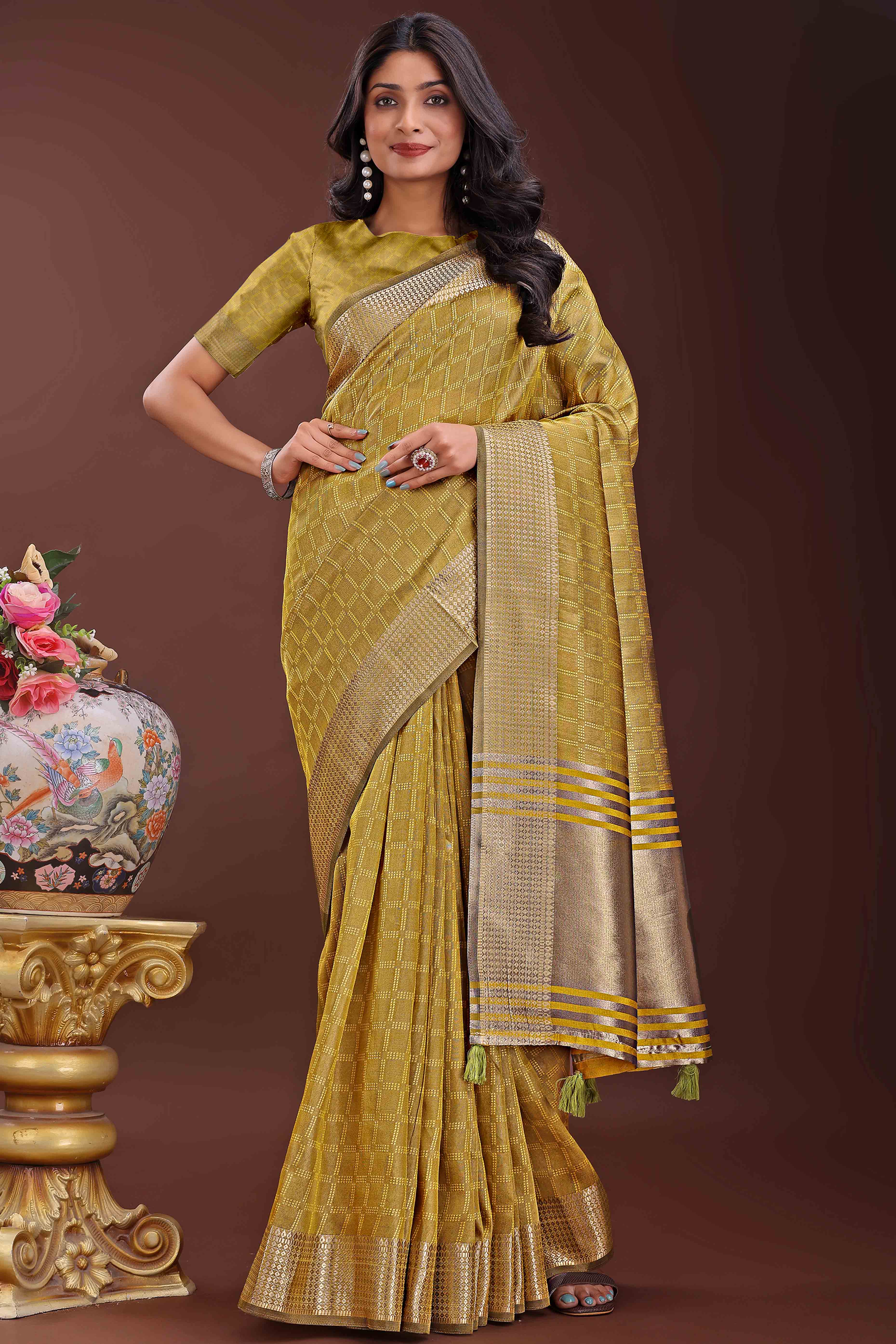 Mustard Organza Saree With Intricate Zari Woven Checks & Tassel Border