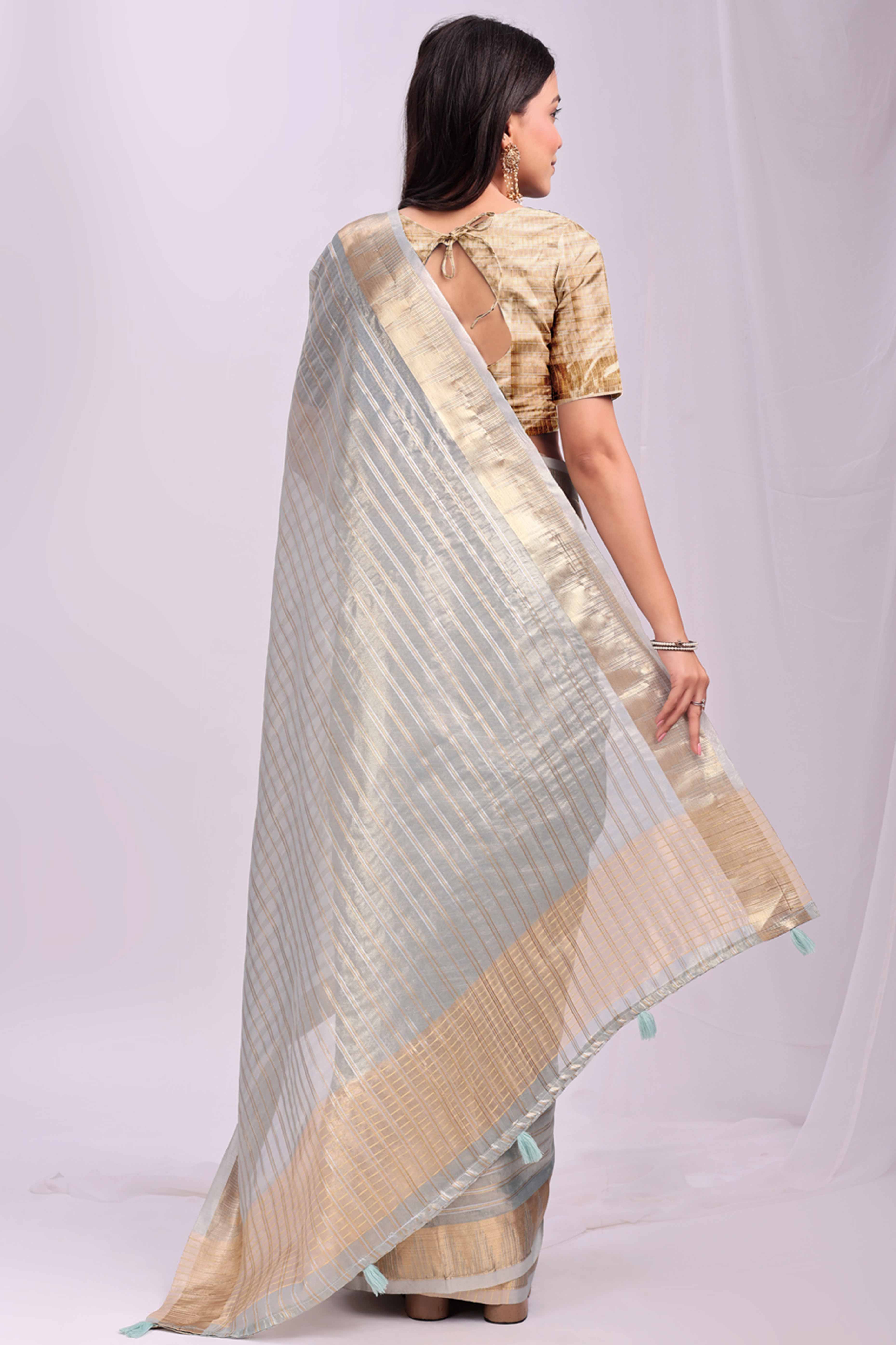 Sky Blue Lightweight Organza Saree with Rich Zari Stripes Pattern