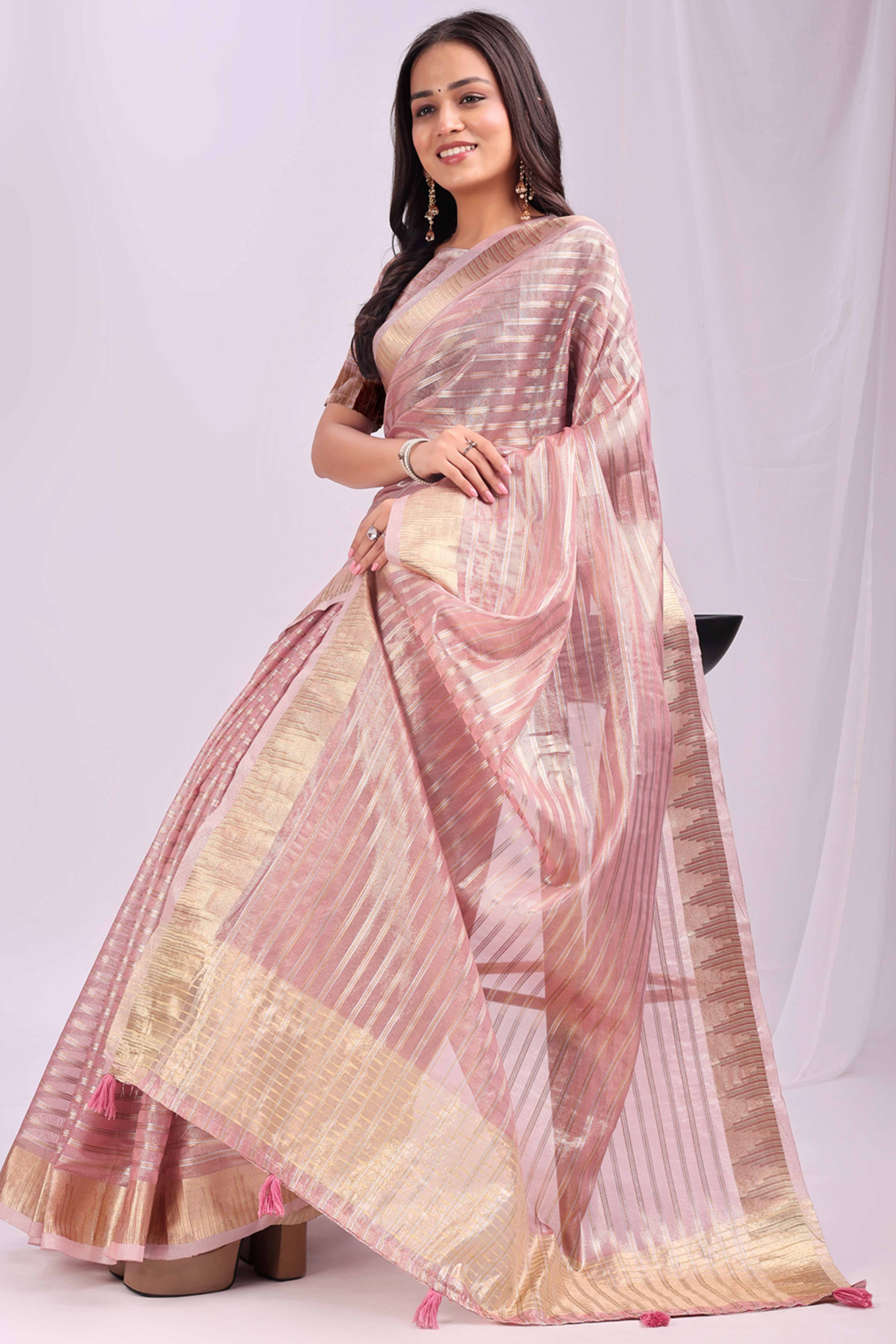 Pink Lightweight Organza Saree with Rich Zari Stripes Pattern