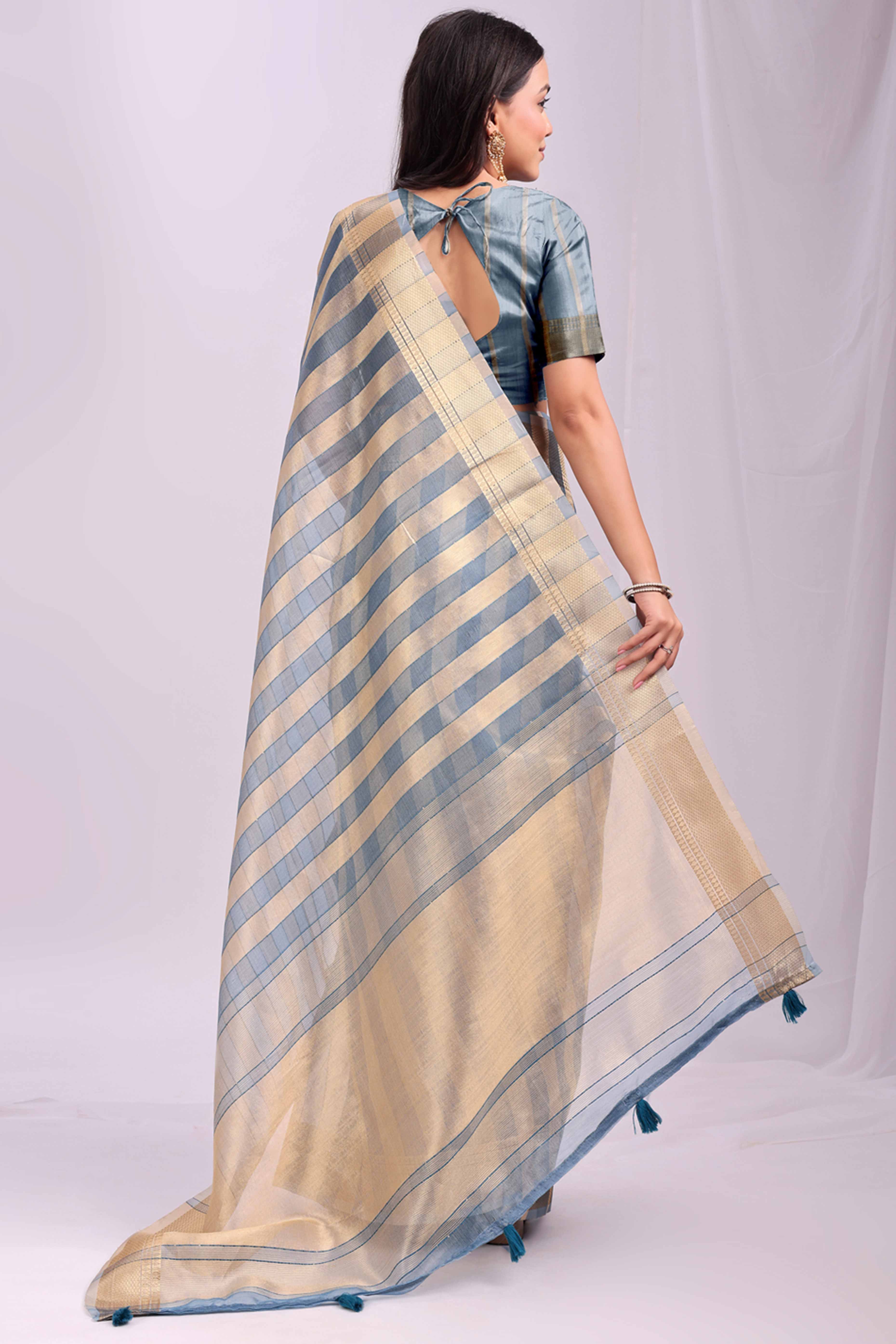 Sky Blue Lightweight Organza Saree with Rich Zari Stripes Pattern
