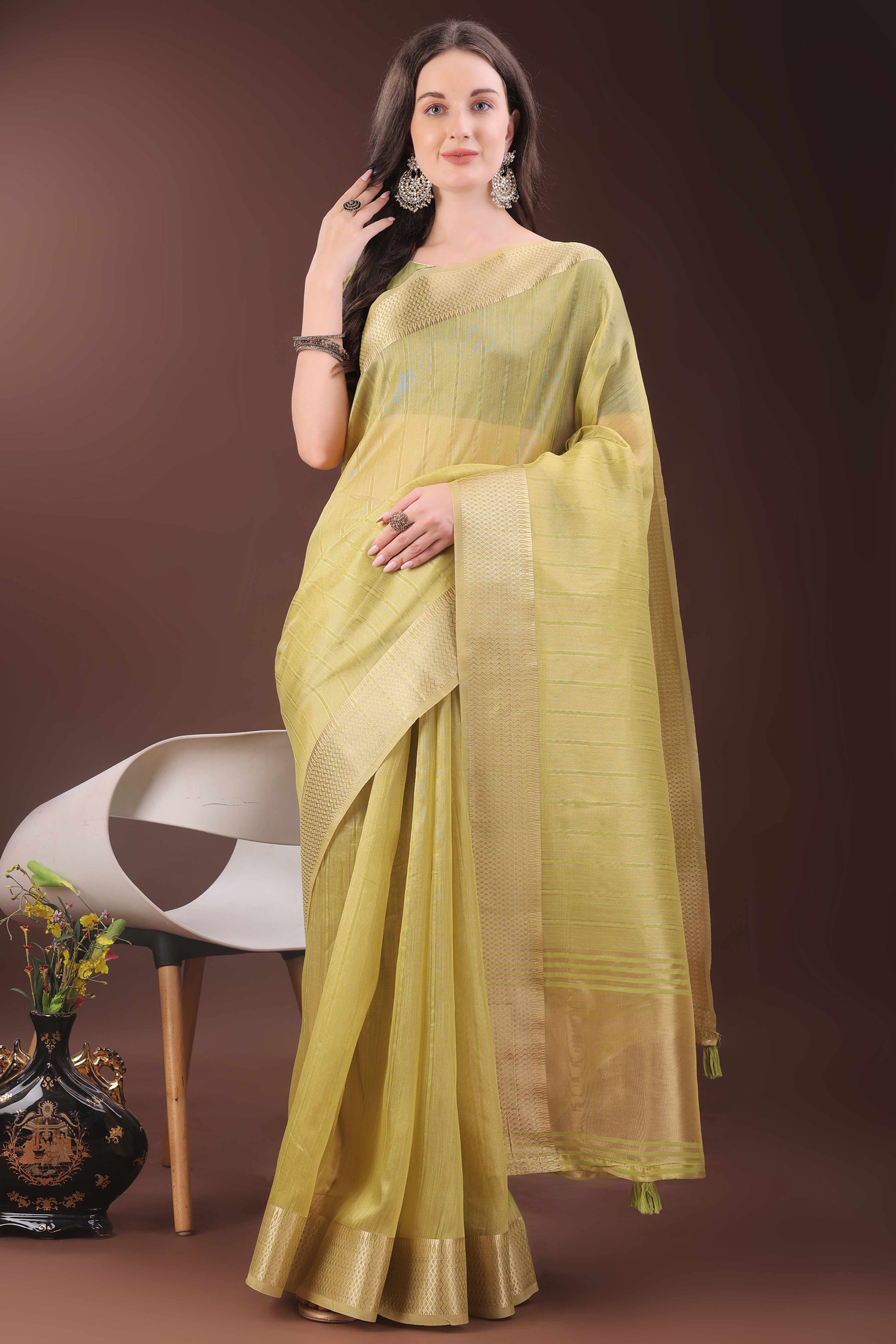Lemon Yellow Organza Saree With Zari Woven Stripes & Elegant Tassel Border