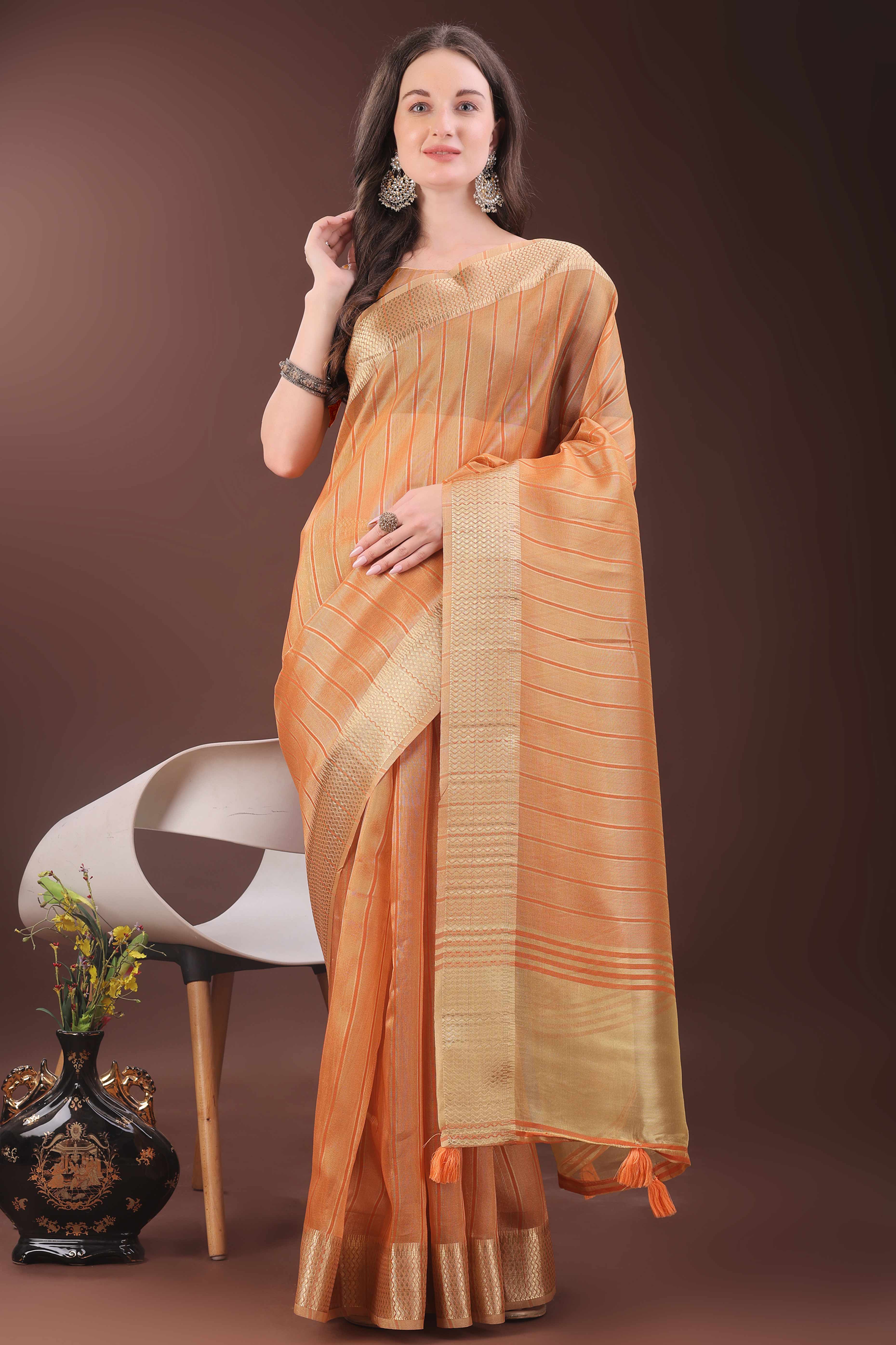 Orange Organza Saree With Zari Woven Stripes & Elegant Tassel Border