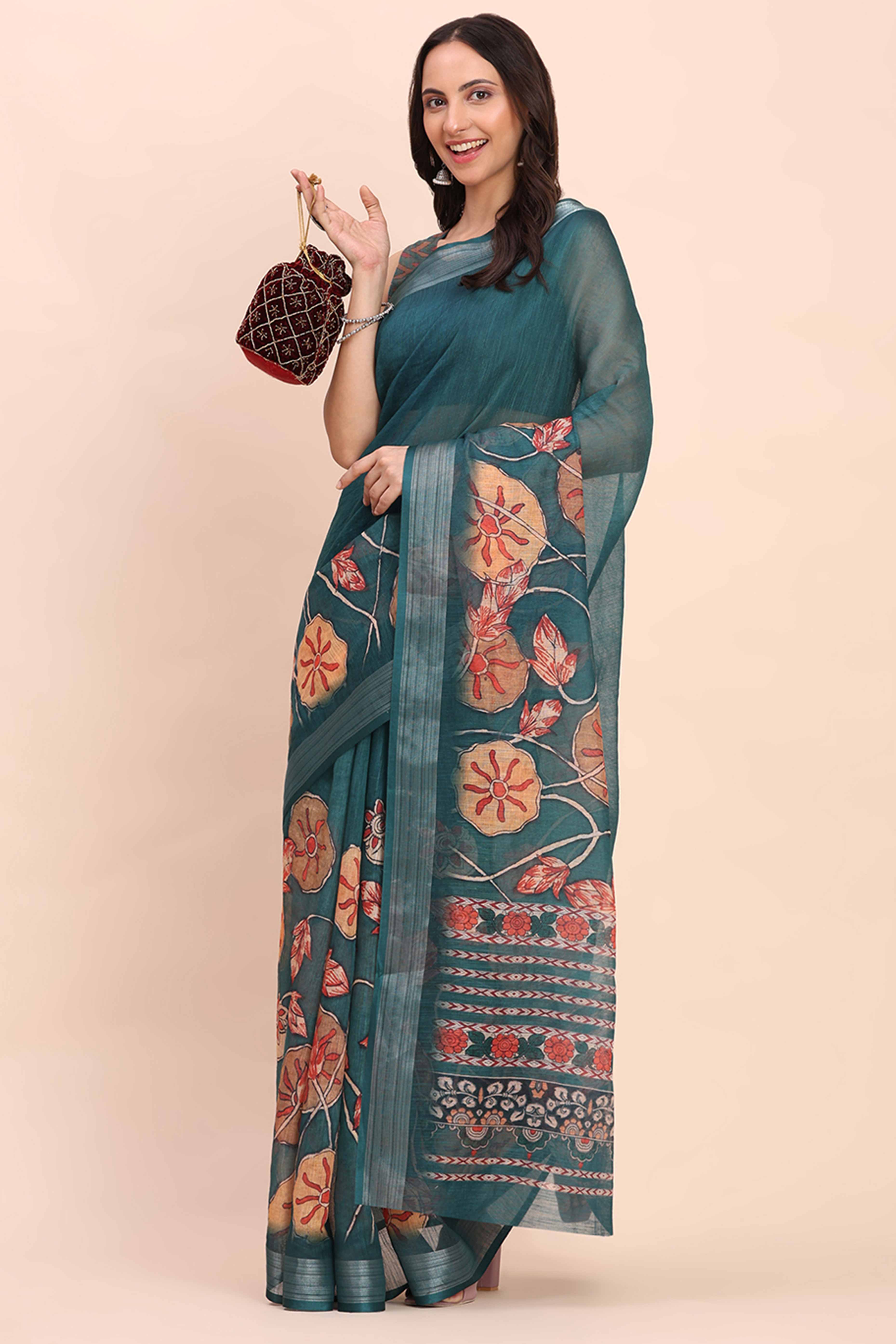 Teal Blue Linen Cotton Saree Featuring Floral Prints & Woven Border