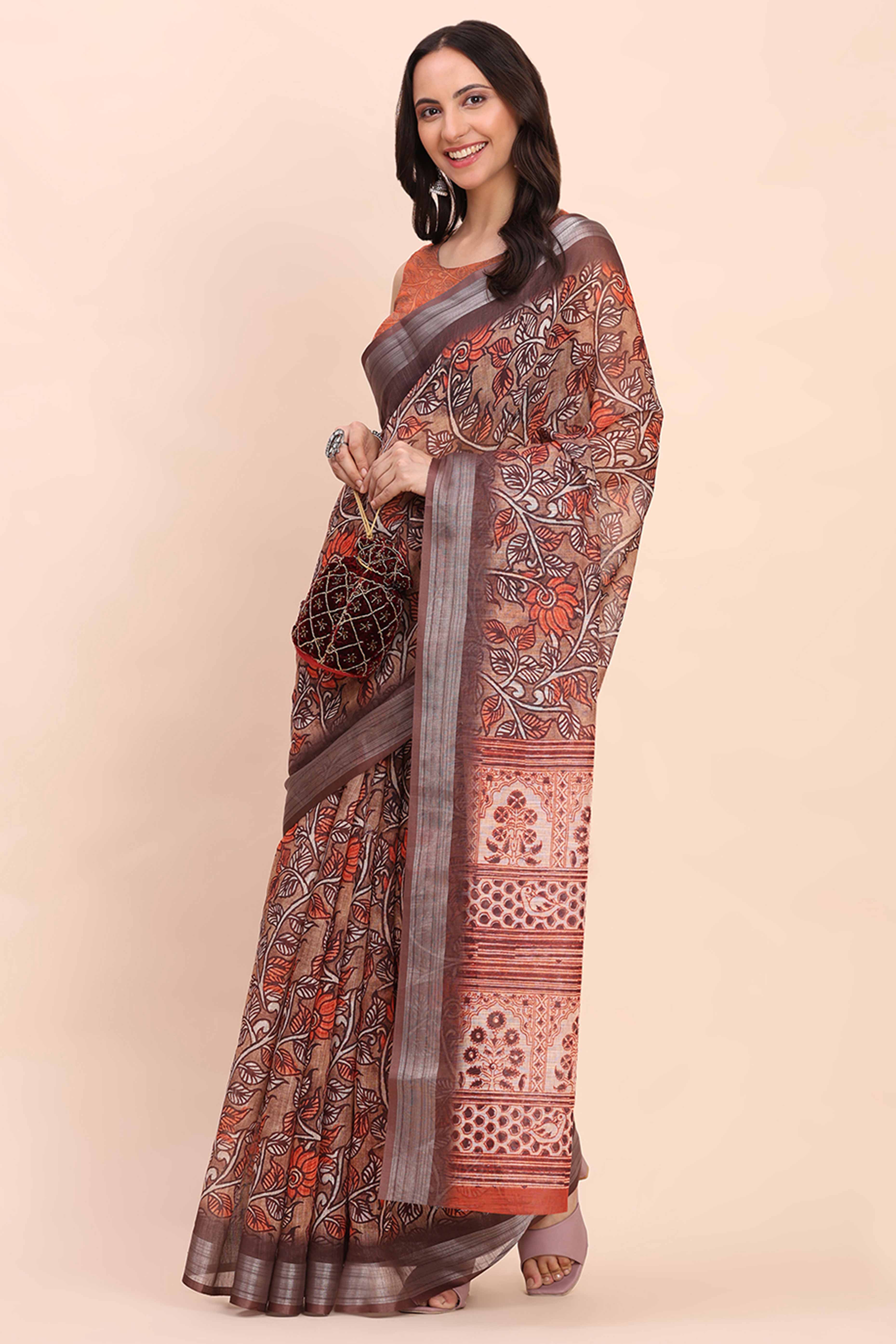 Brown Linen Cotton Saree Featuring Floral Prints & Woven Border