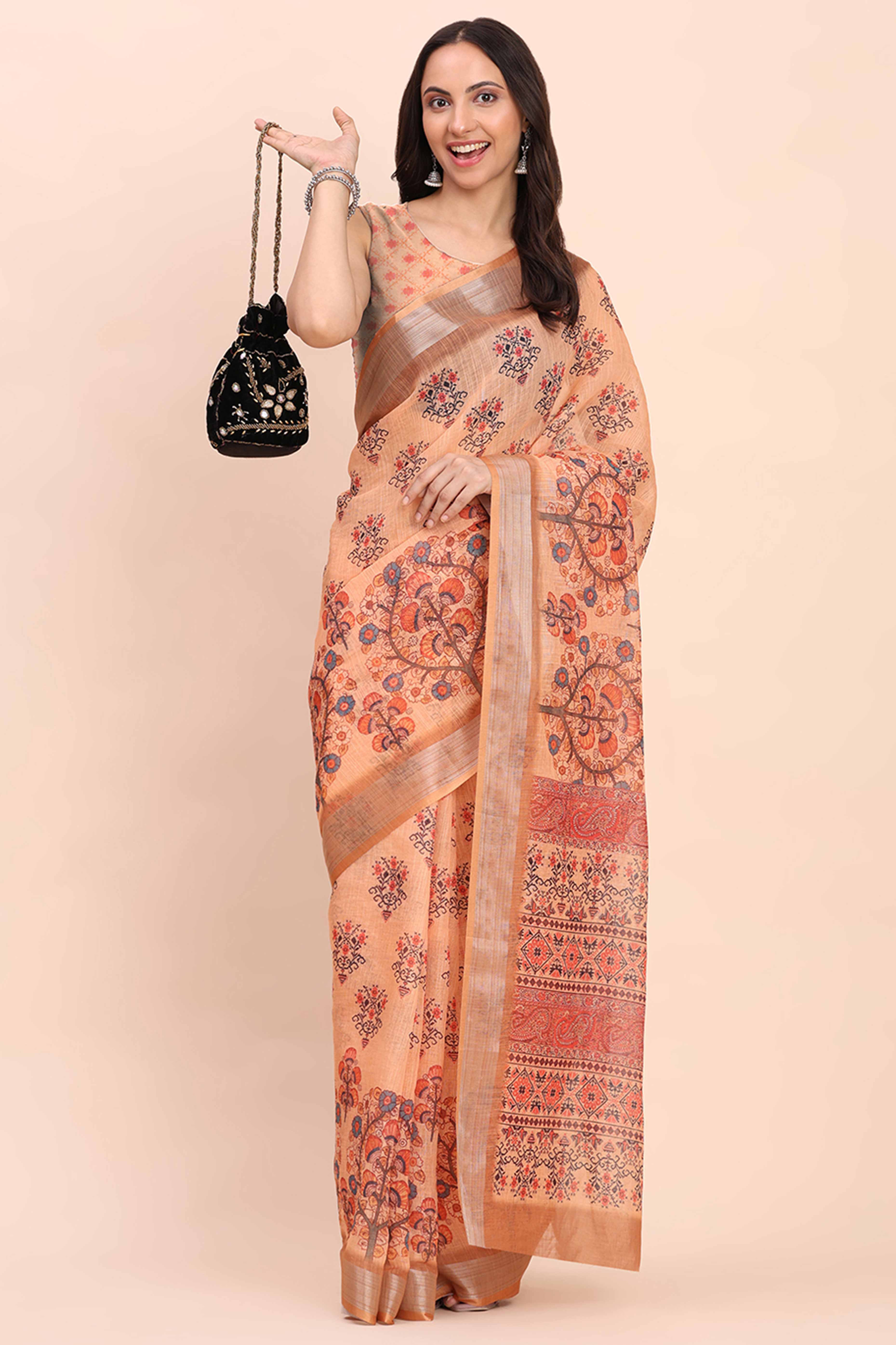 Orange Linen Cotton Saree Featuring Floral Prints & Woven Border