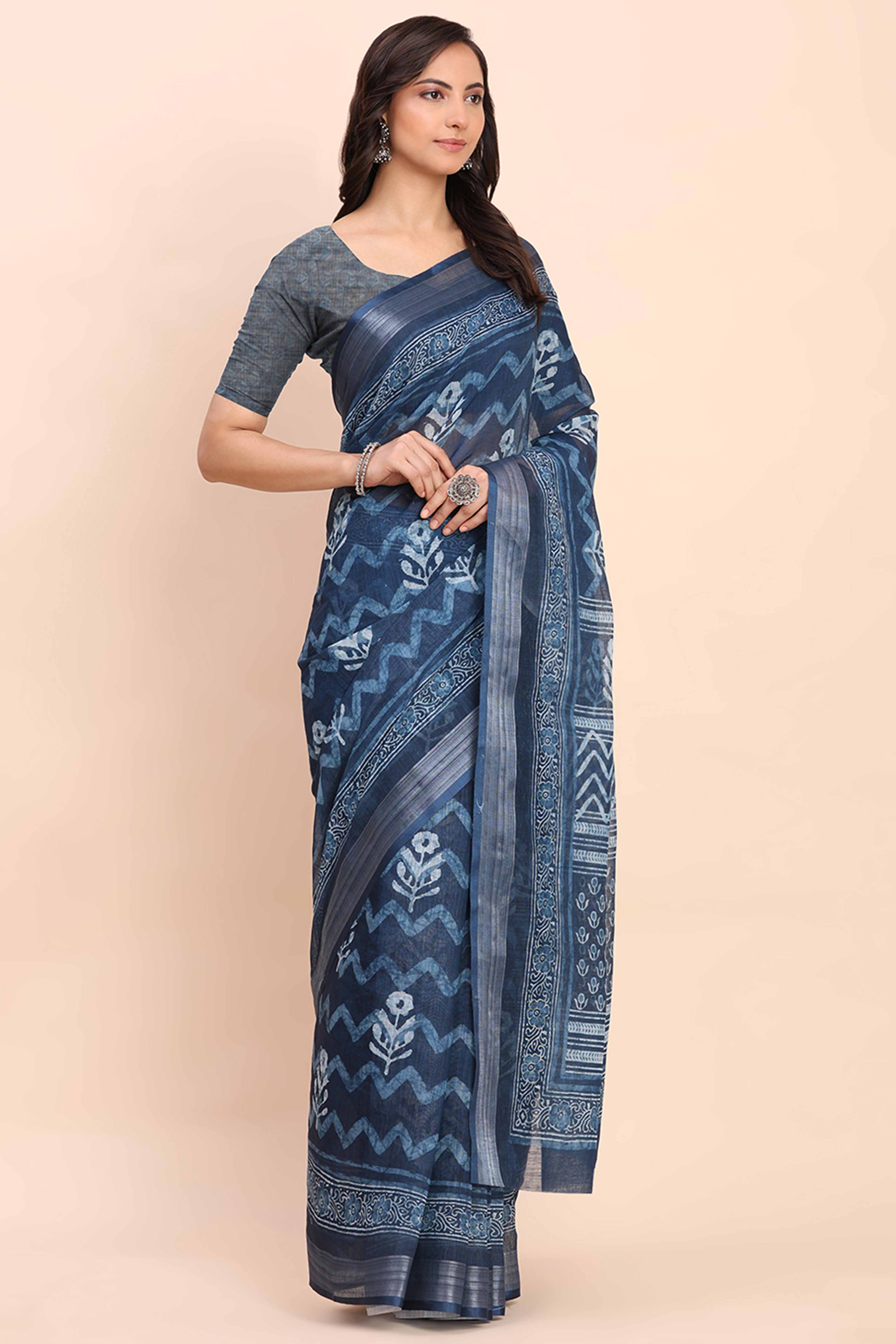 Indigo Blue Linen Cotton Saree Featuring Floral Prints & Woven Border
