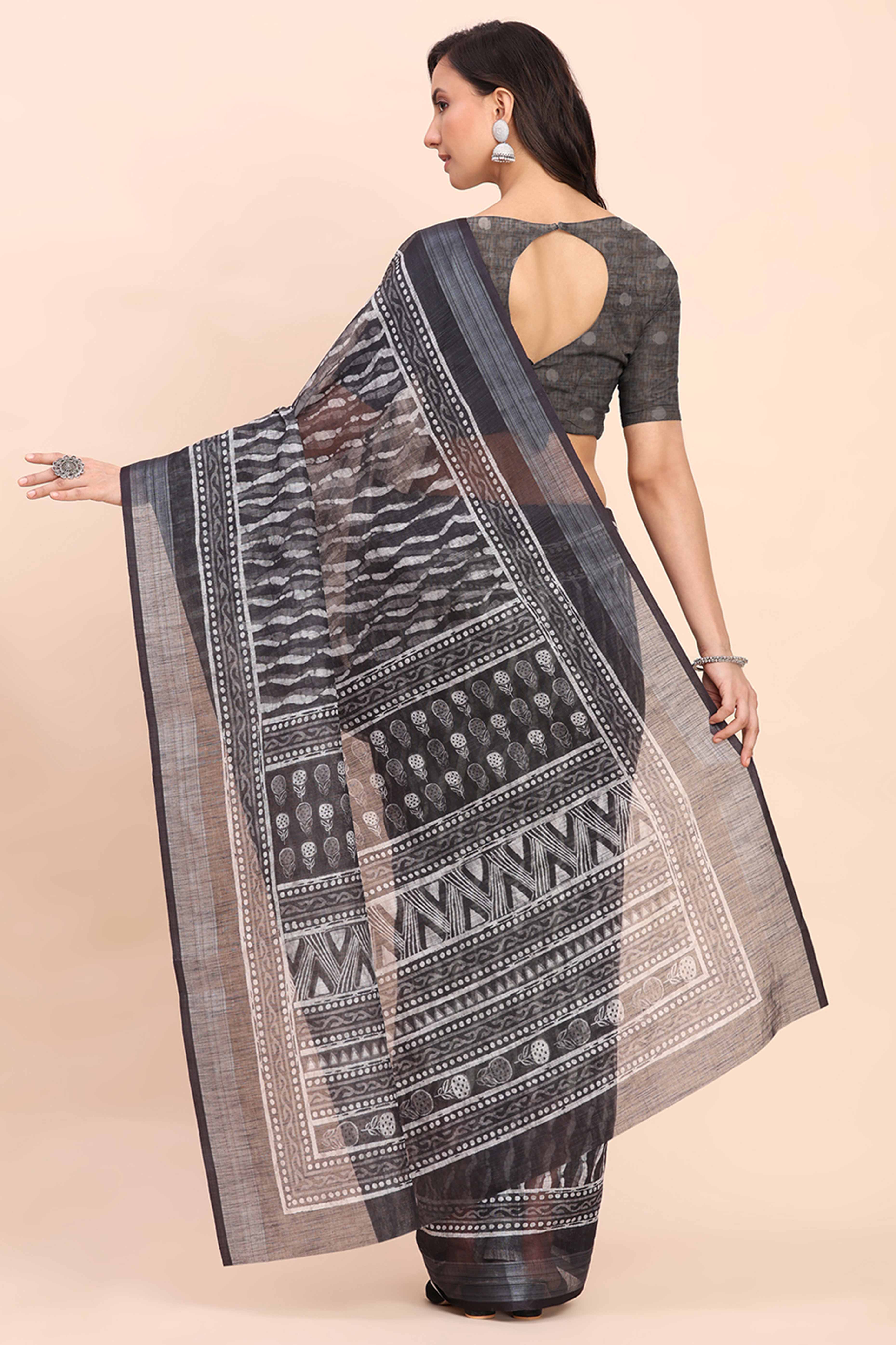 Black Linen Saree with Intricate Silver Weaving
