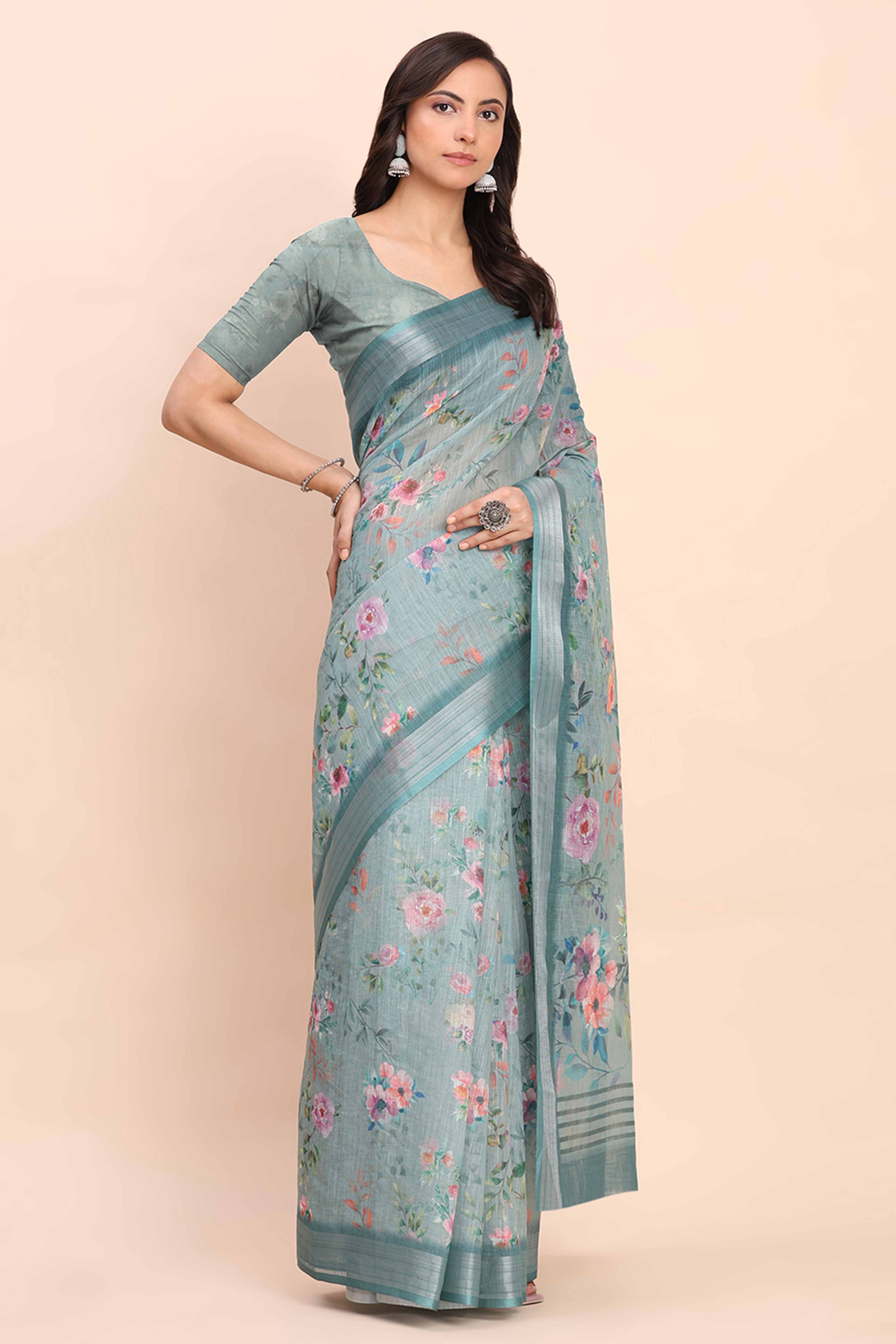 Sea Green Linen Saree with Intricate Silver Weaving