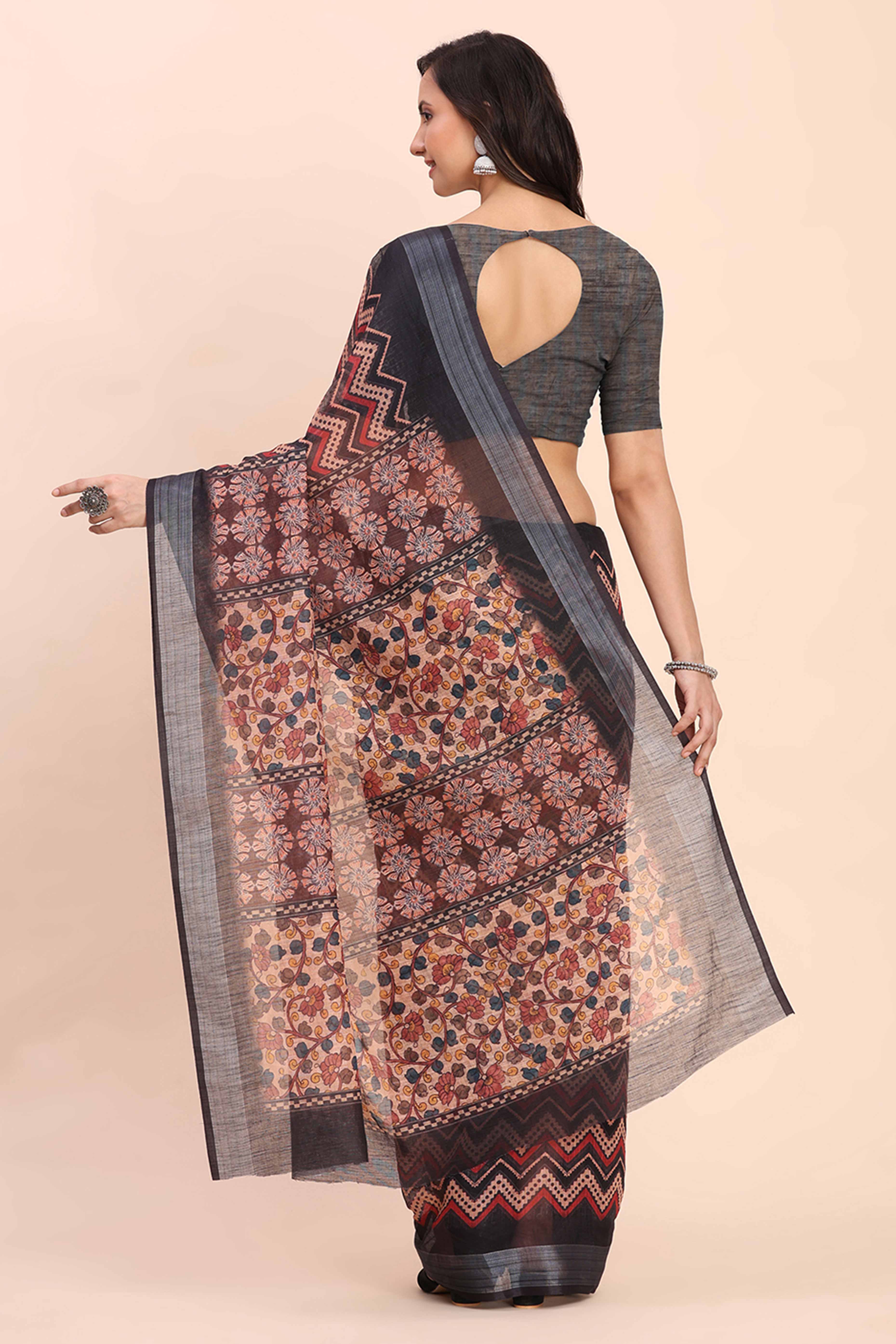 Beige Linen Saree with Intricate Silver Weaving