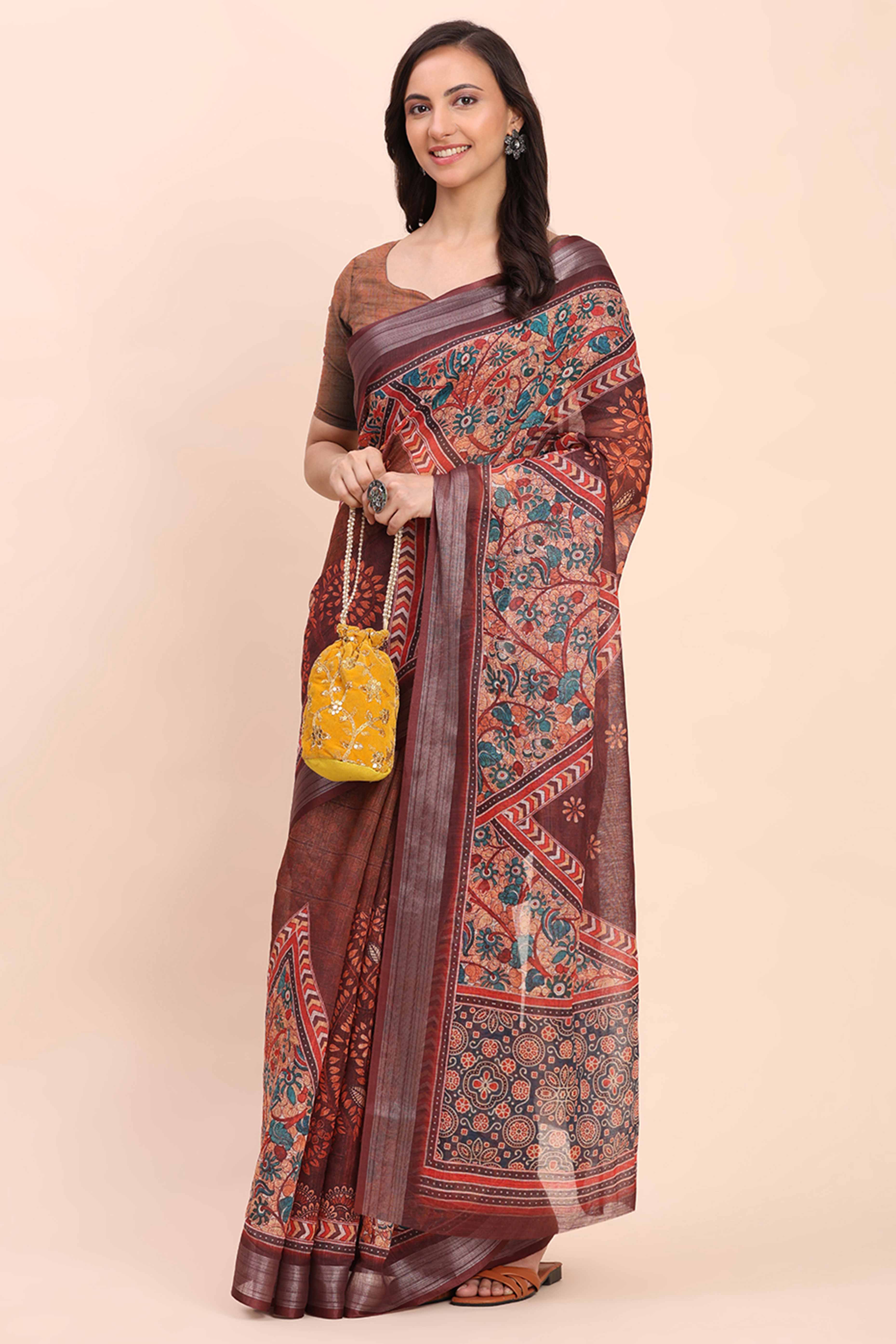 Brown Linen Saree with Intricate Silver Weaving