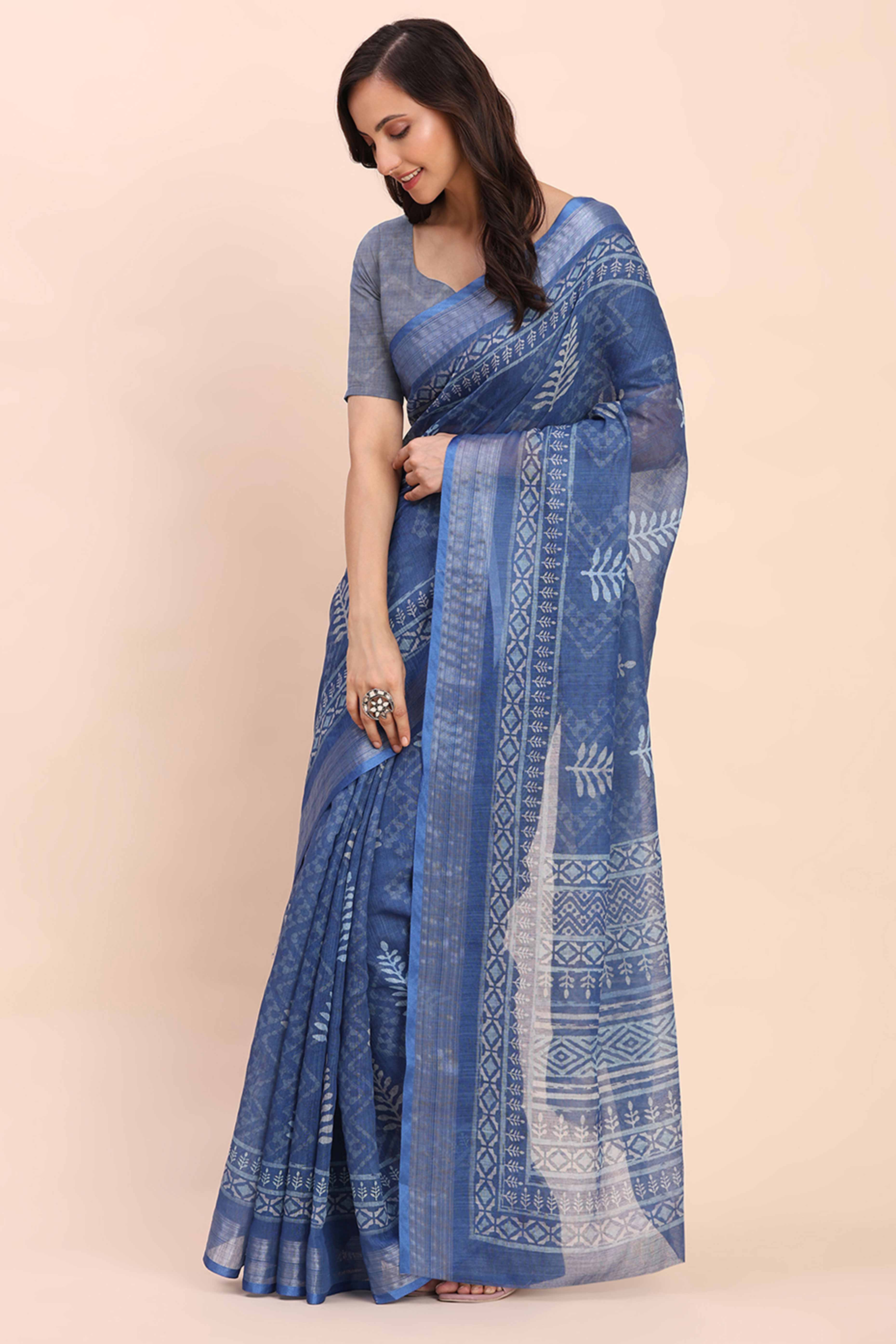 Indigo Blue Linen Saree with Intricate Silver Weaving