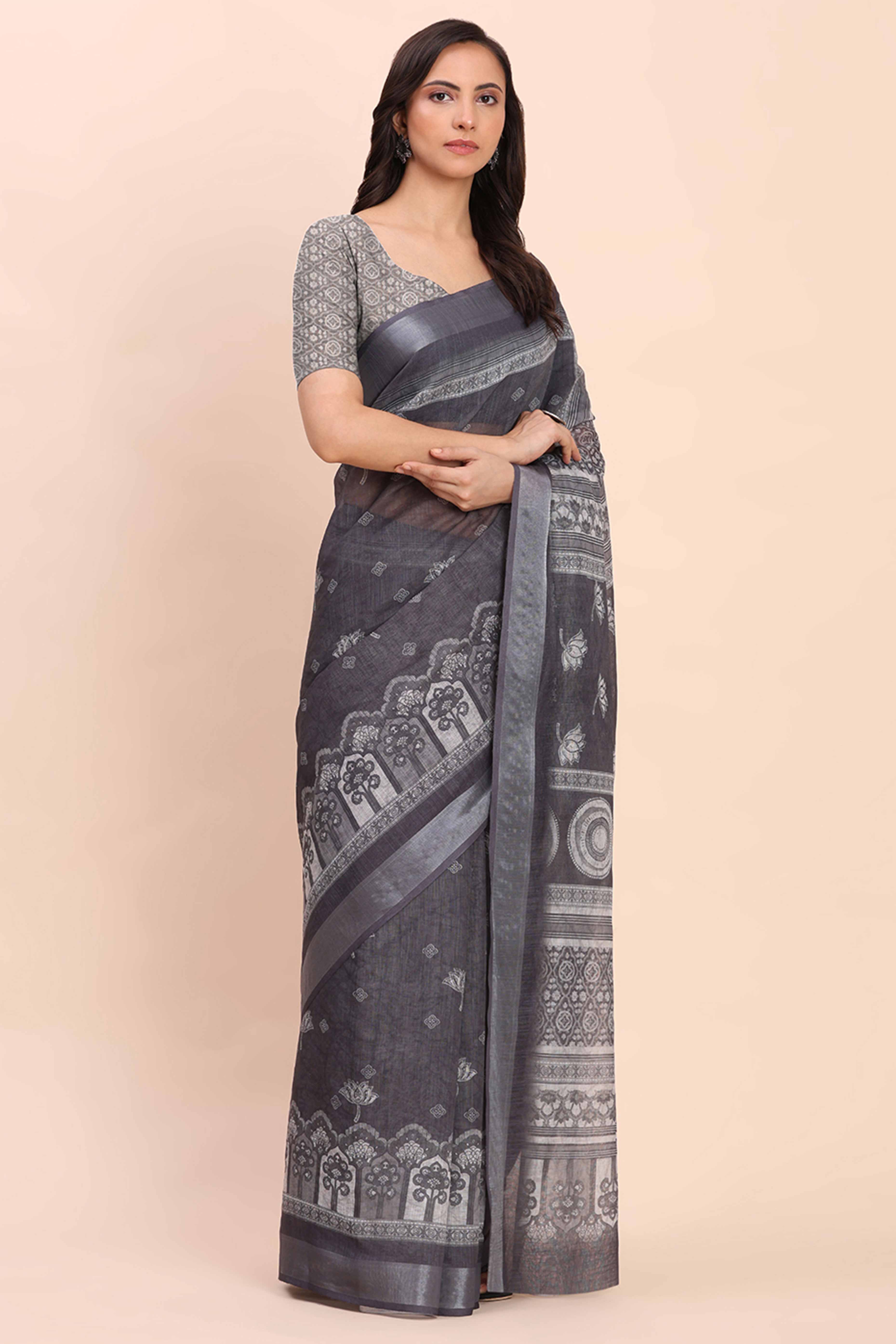 Grey Linen Saree with Intricate Silver Weaving