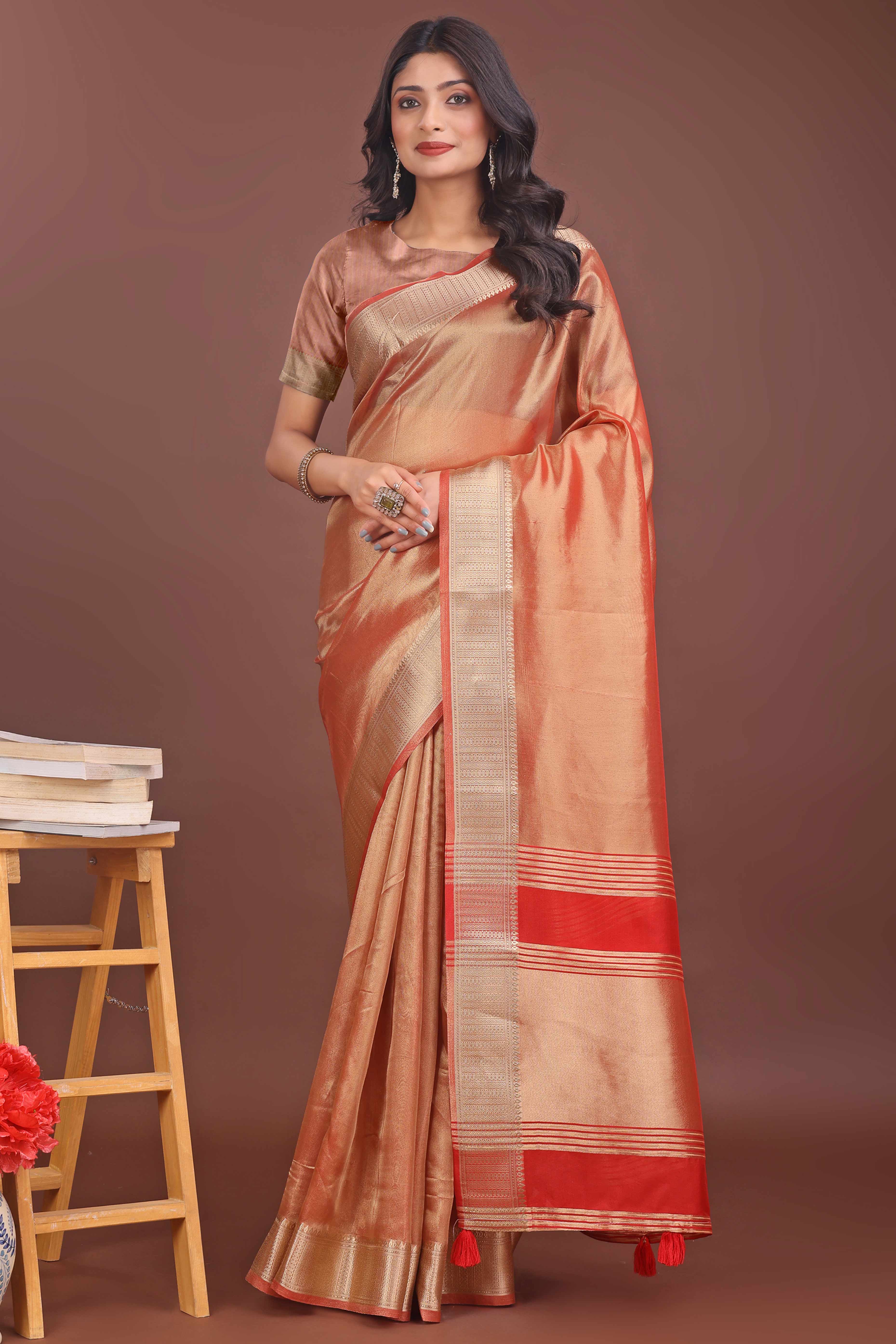 Light Orange Organza Solid Saree With Lustrous Zari Weave &  Delicate Tassels