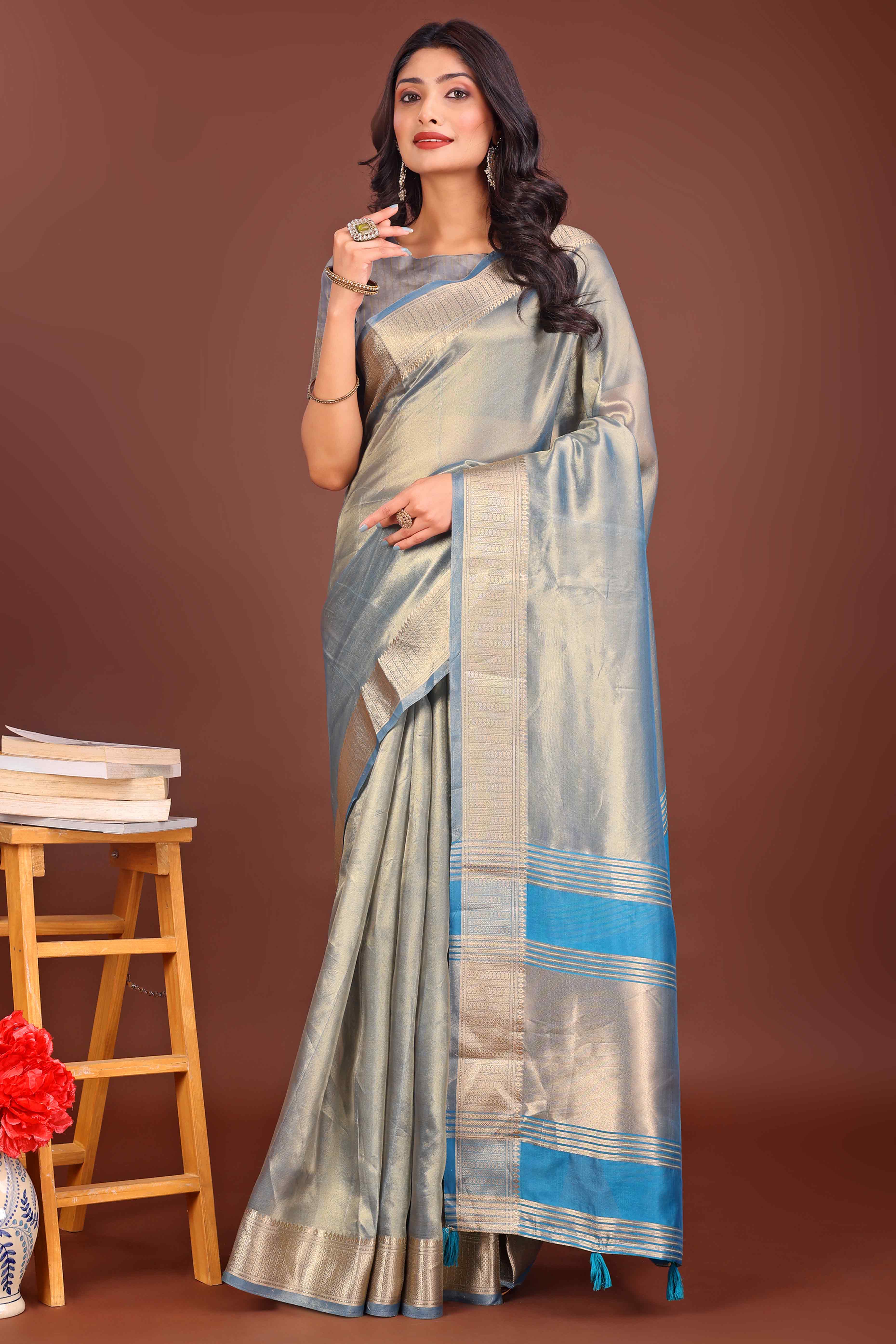 Greyish Blue Organza Solid Saree With Lustrous Zari Weave &  Delicate Tassels