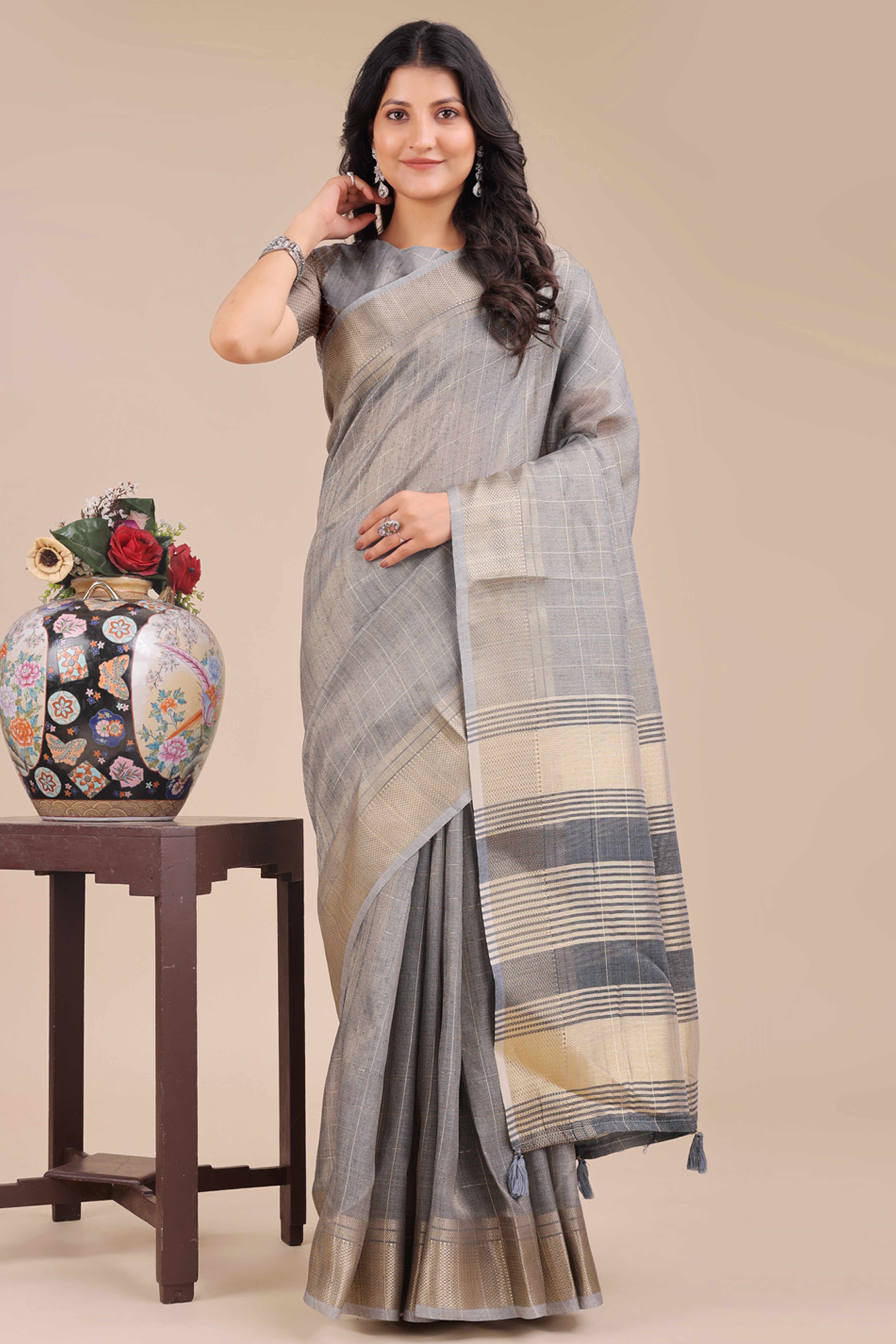 Grey Organza Saree with Checkered Zari Weaving Design and Tassels