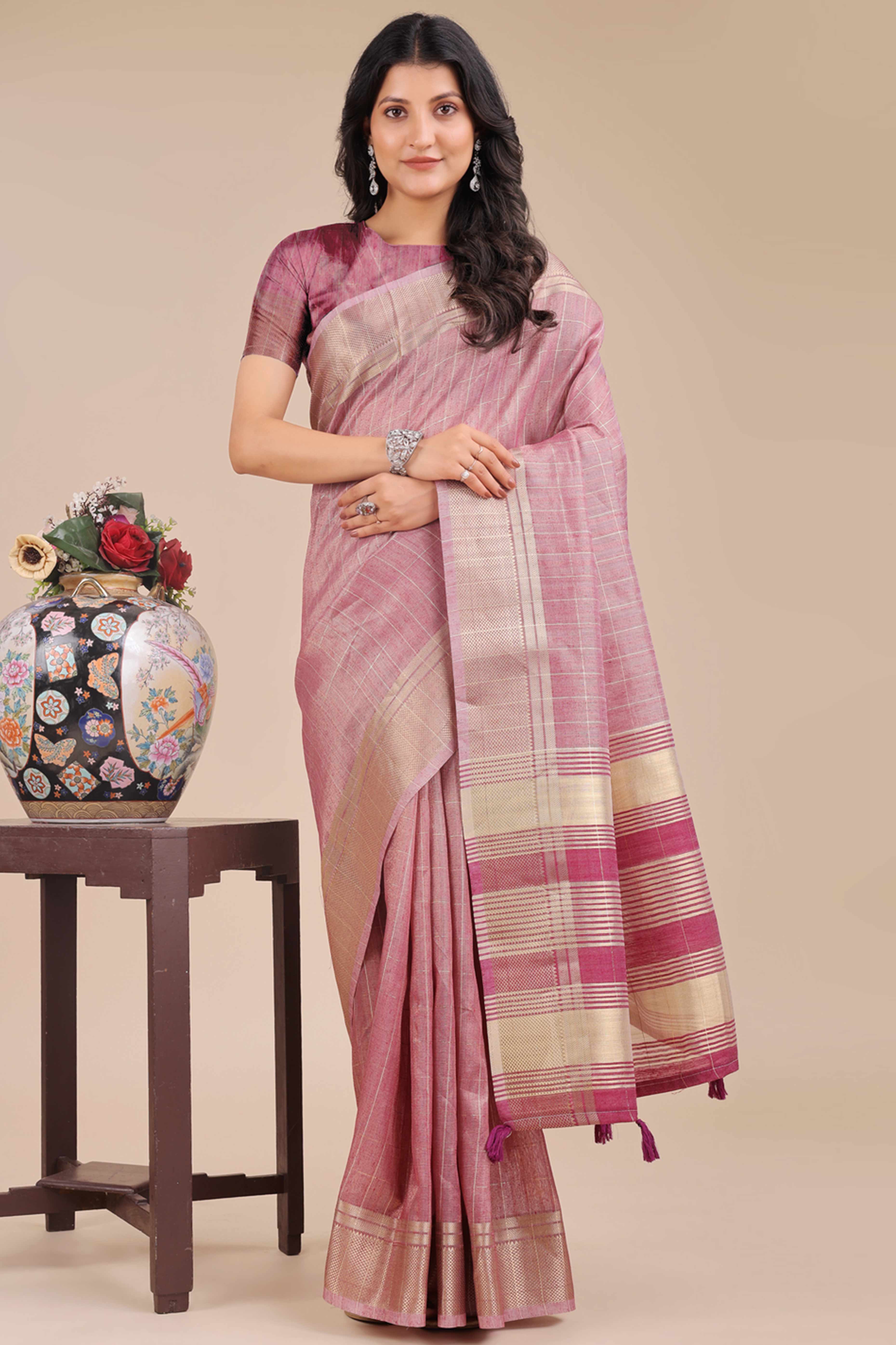 Purple Organza Saree with Checkered Zari Weaving Artistry and Tassels