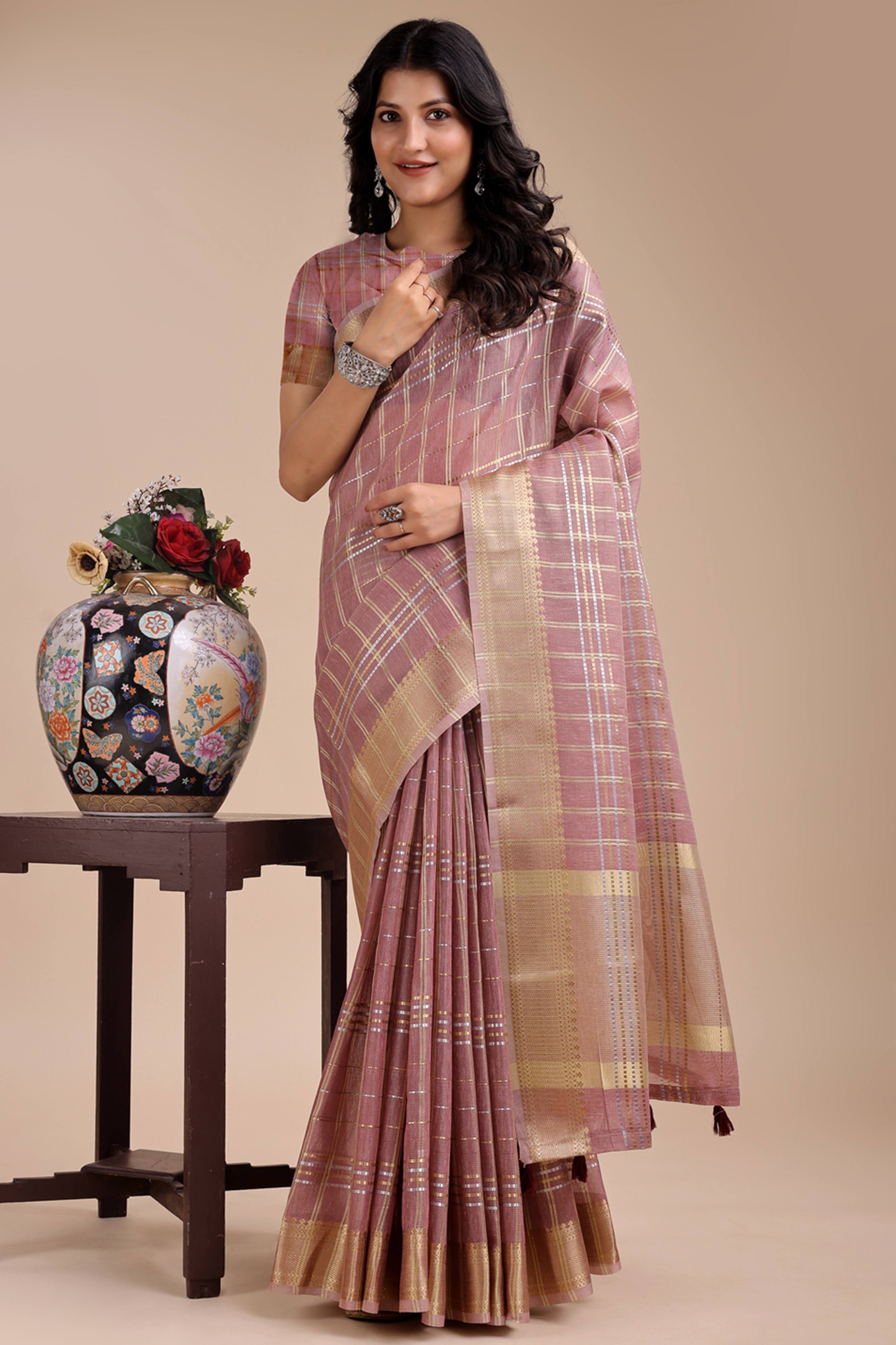 Dusty Mauve Organza Saree with Checkered Zari Weaving and Tassel Accents