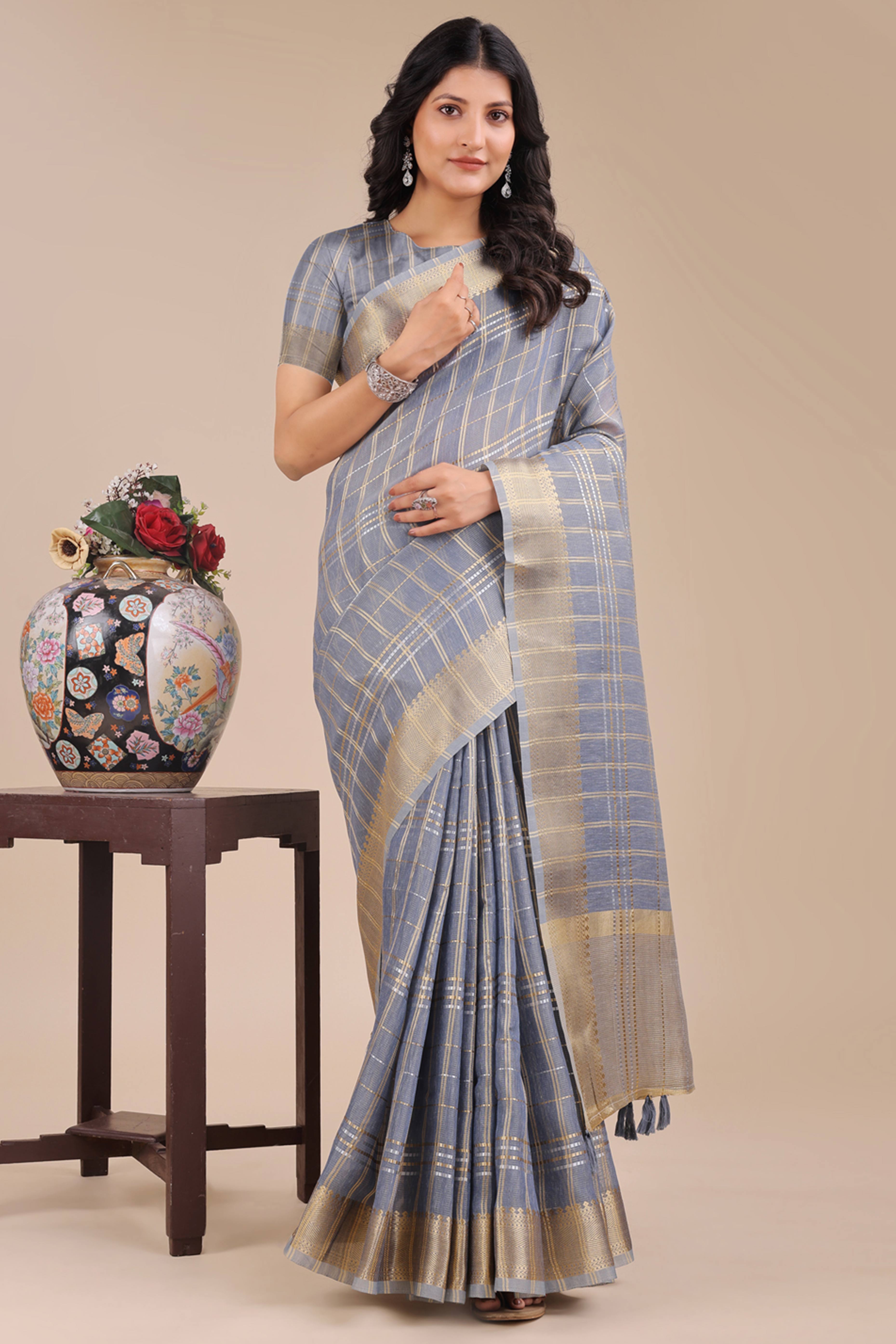 Sky Blue Organza Saree with Checkered Zari Weaving and Tassel Charm