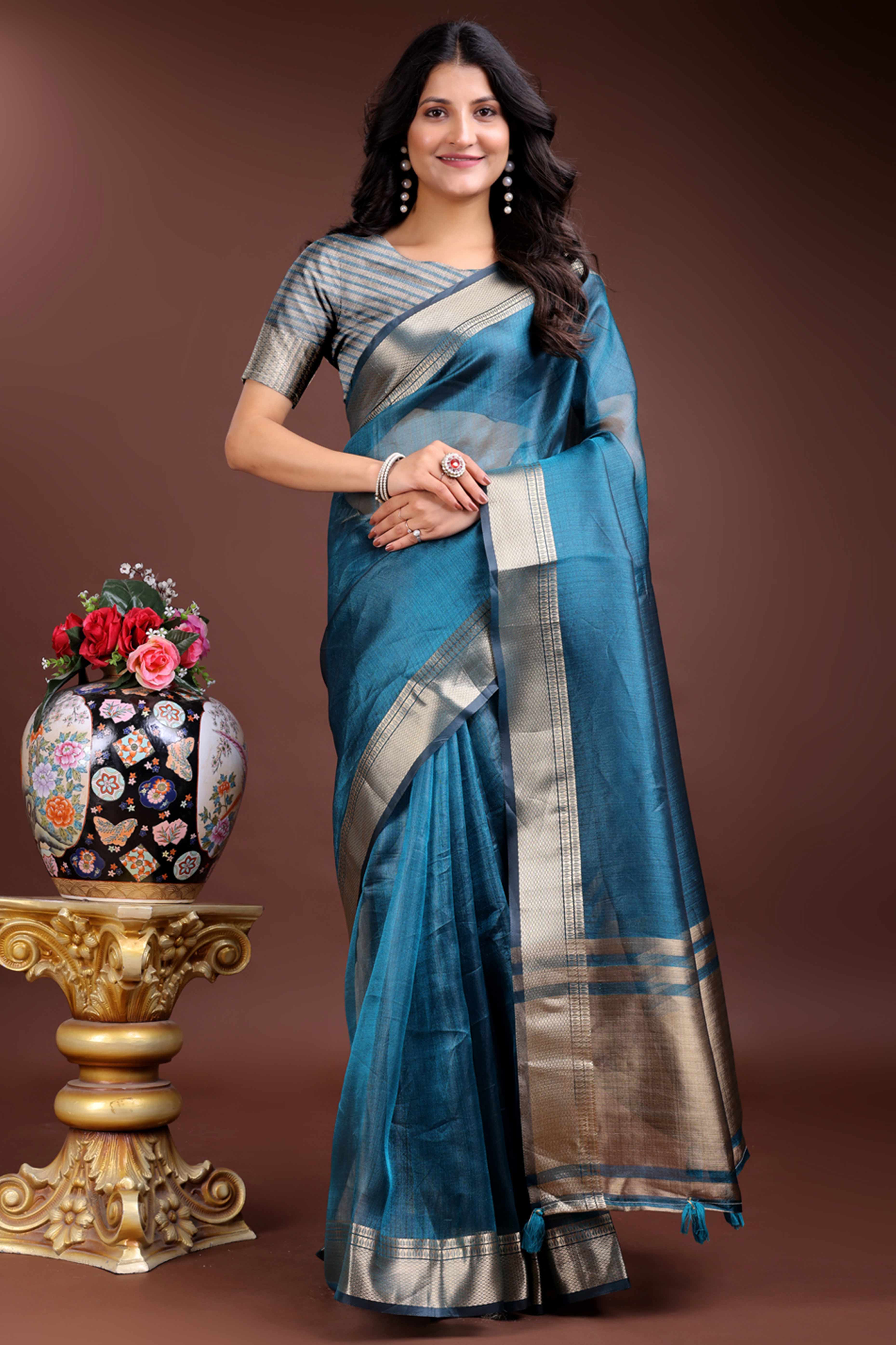 Teal Organza Saree with Zari Border Weaving Grace