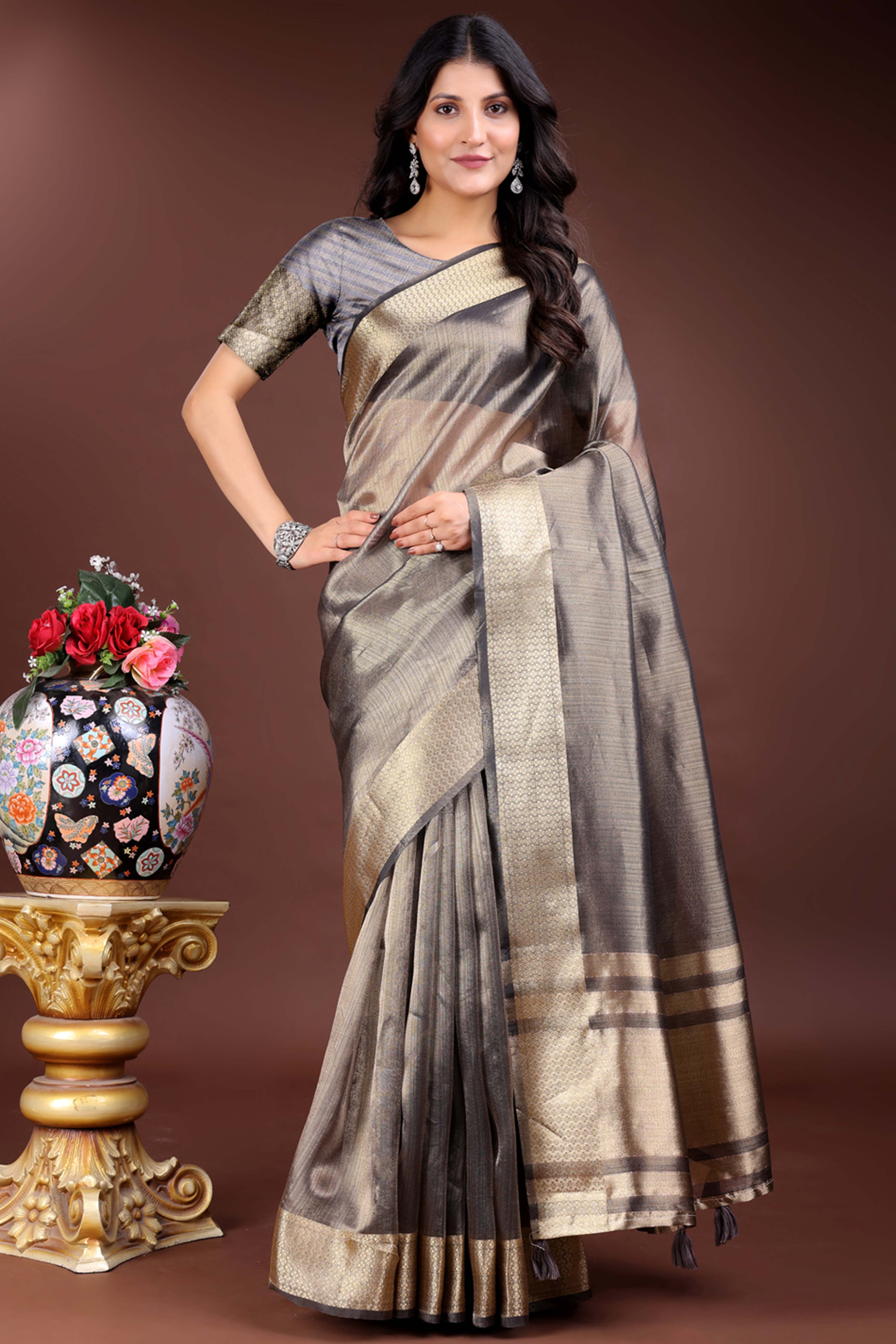 Grey Organza Saree with Zari Border Weaving Design
