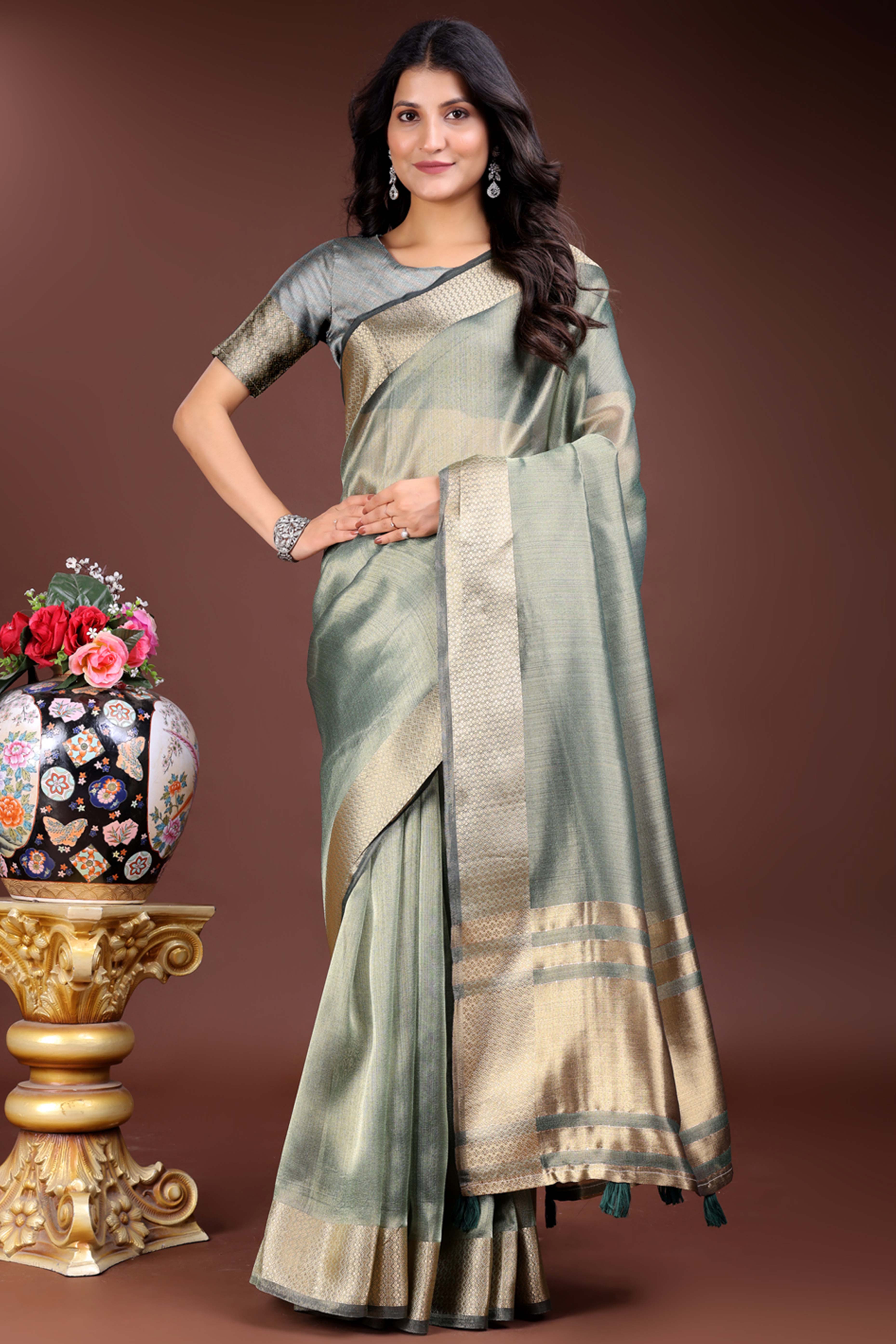 Sage Green Organza Saree with Zari Border Weaving Style