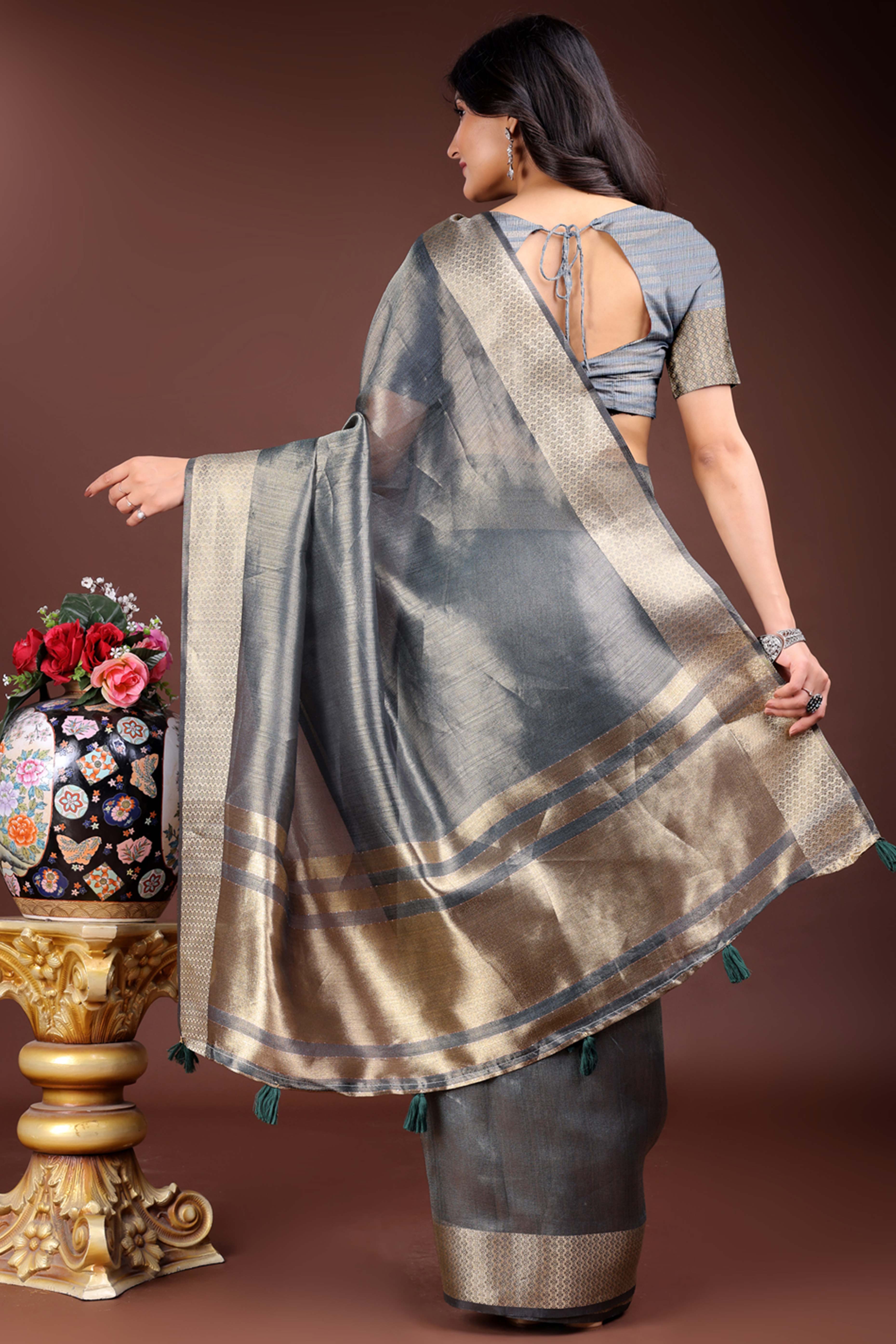 Grey Organza Saree with Zari Border Weaving Trim