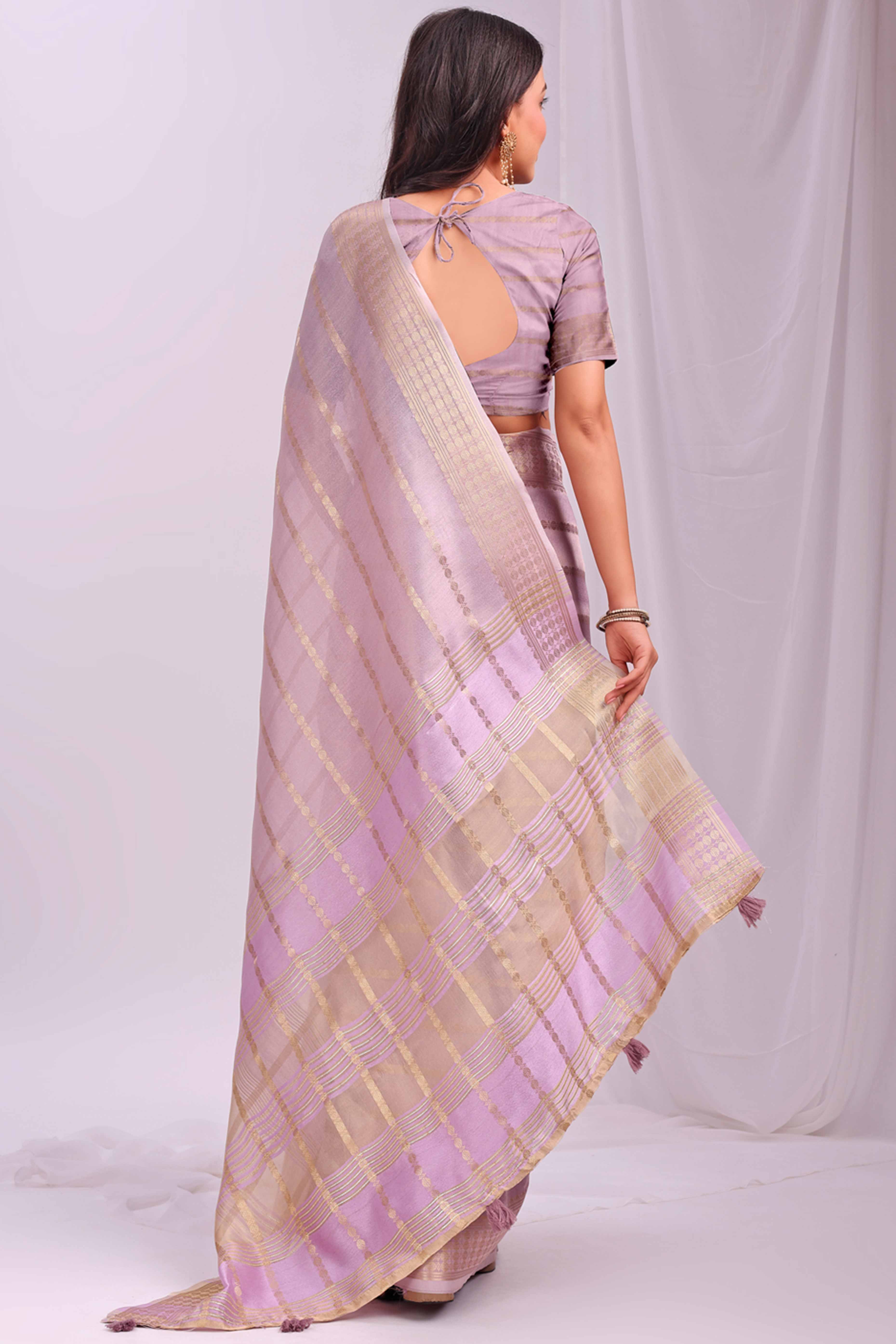 Light Pink Lightweight Organza Saree with Rich Zari Stripes Pattern