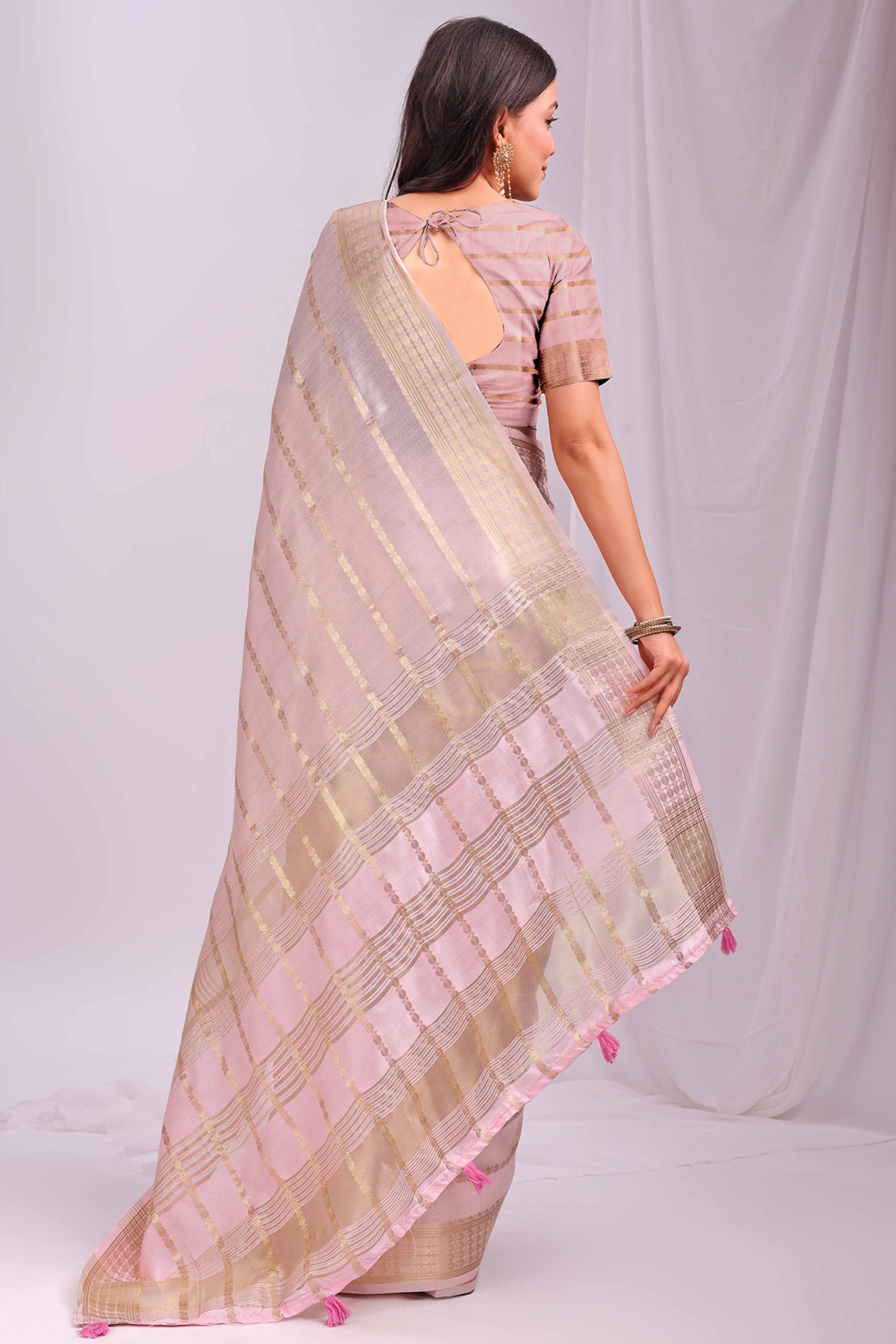 Peach Lightweight Organza Saree with Rich Zari Stripes Pattern