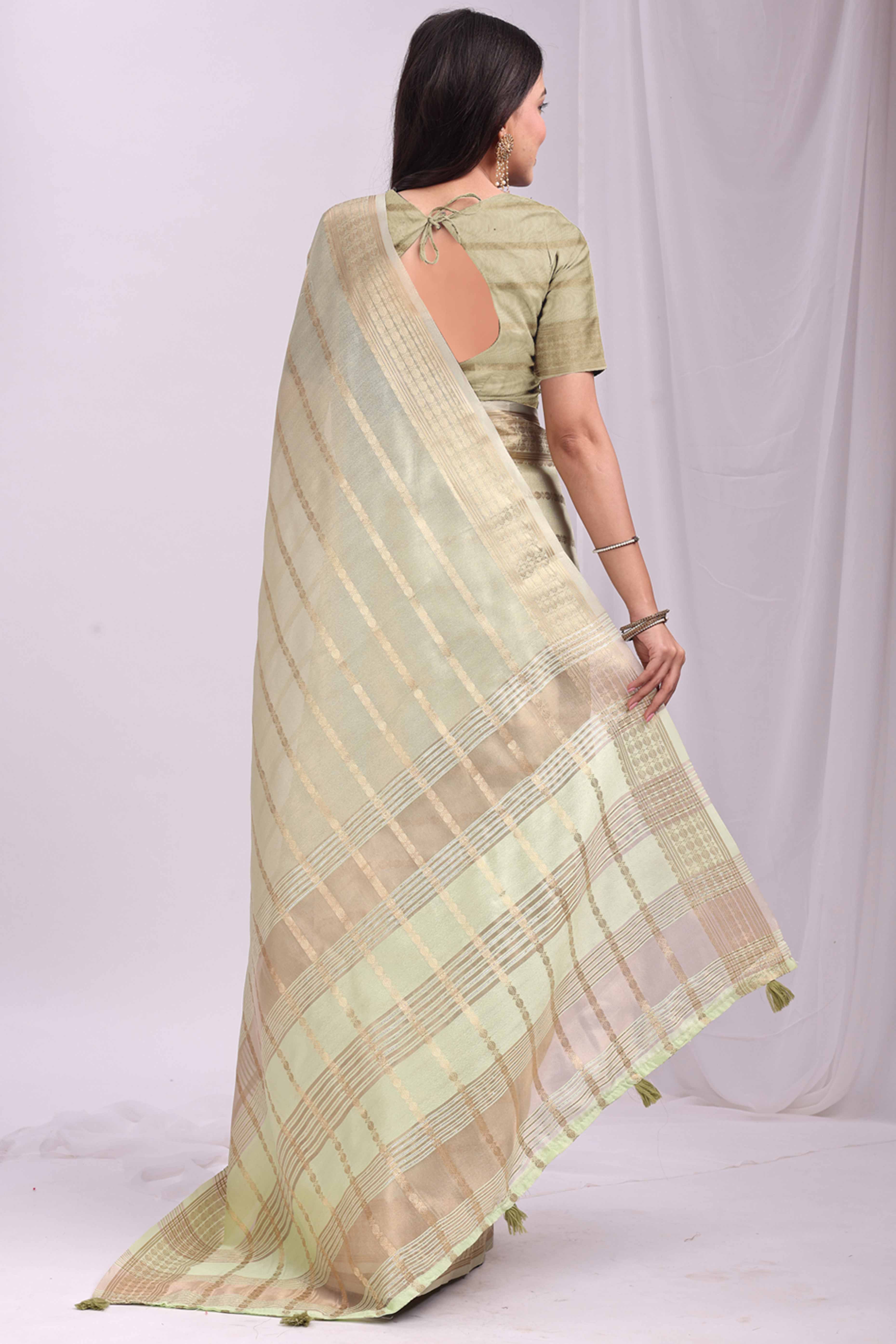 Light Green Lightweight Organza Saree with Rich Zari Stripes Pattern
