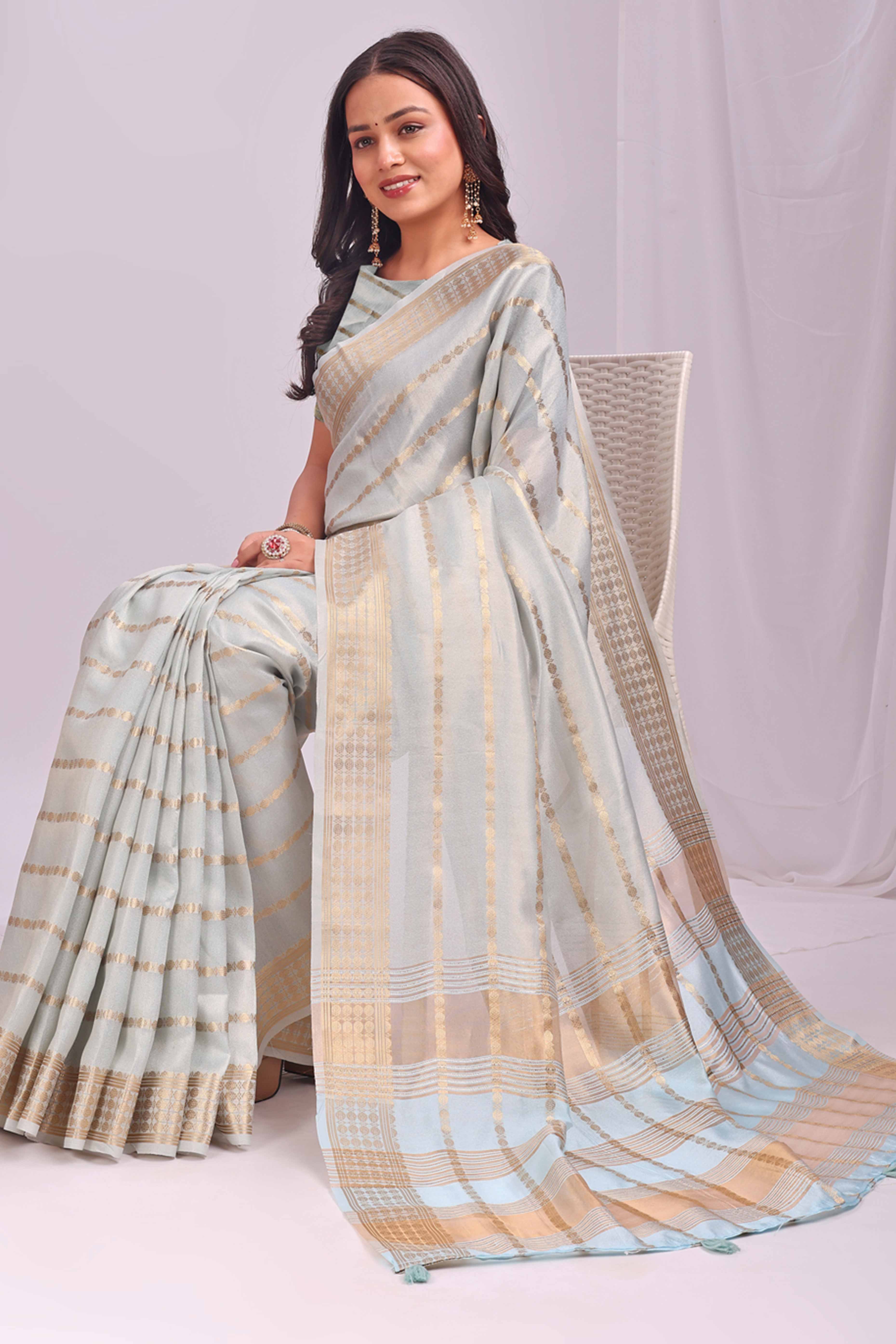 Sky Blue Lightweight Organza Saree with Rich Zari Stripes Pattern