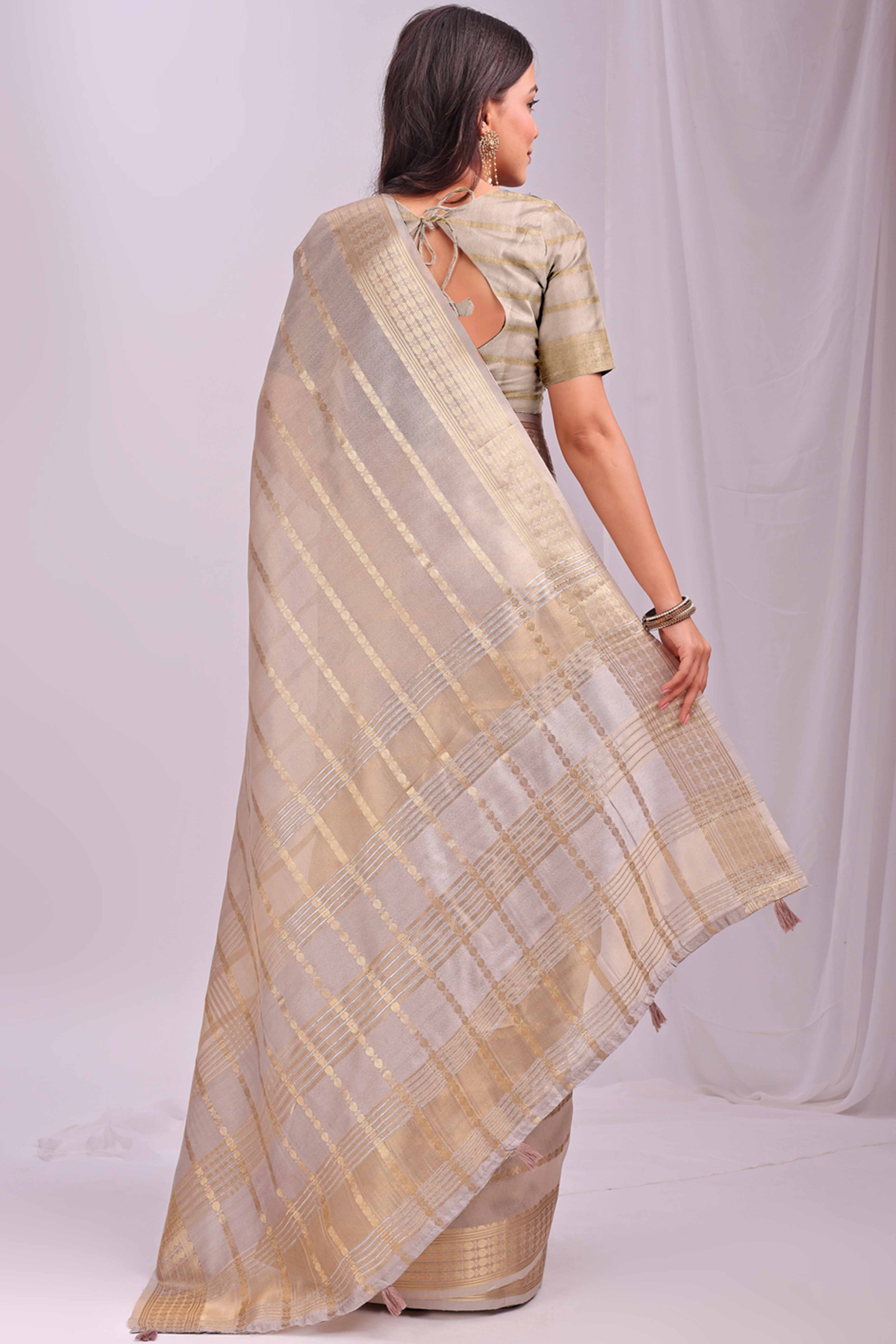 Cream Lightweight Organza Saree with Rich Zari Stripes Pattern