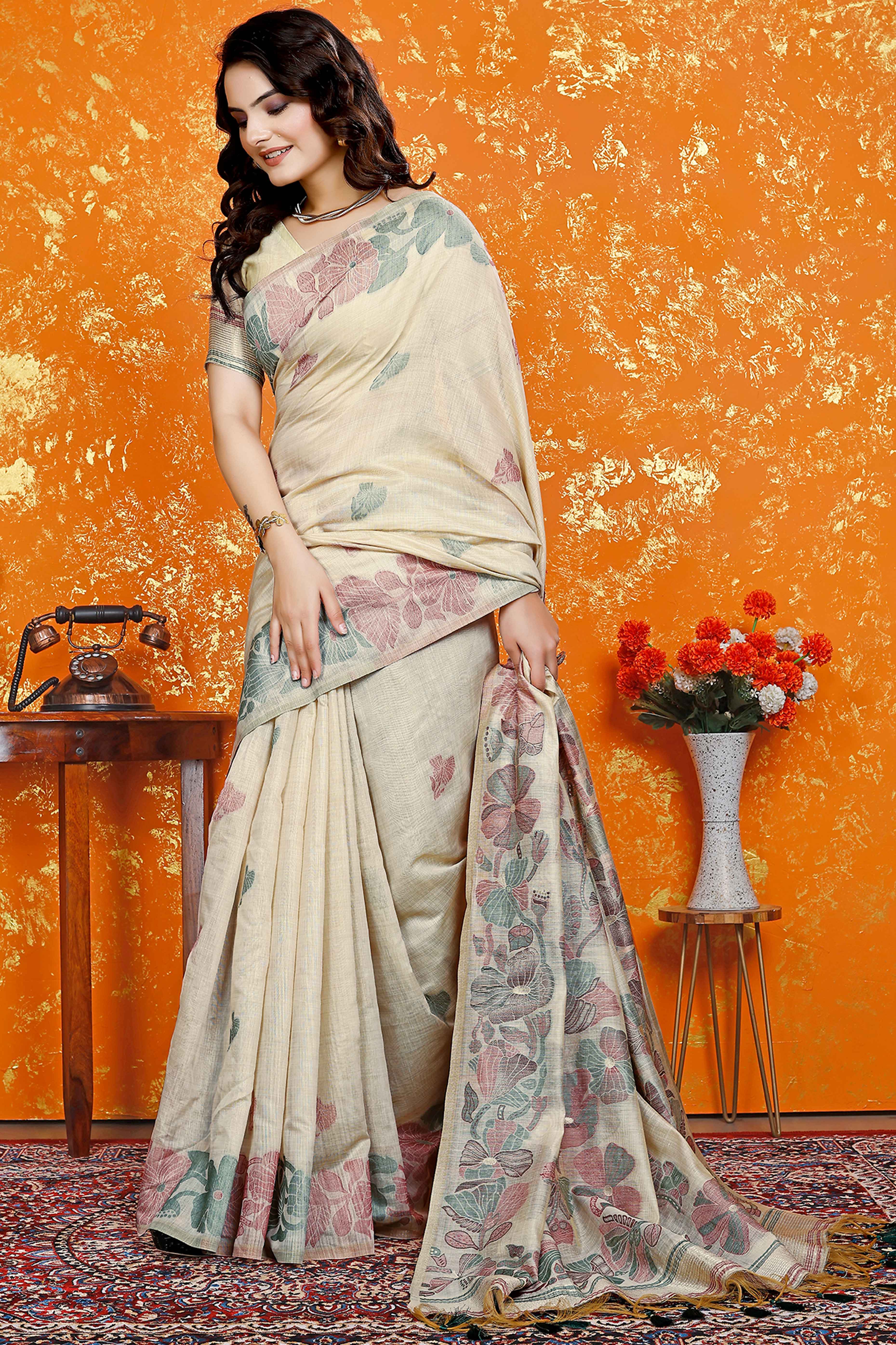 Beige Handwoven Soft Muga Cotton Saree Decorated with Fine Meenakari Weaving Patterns