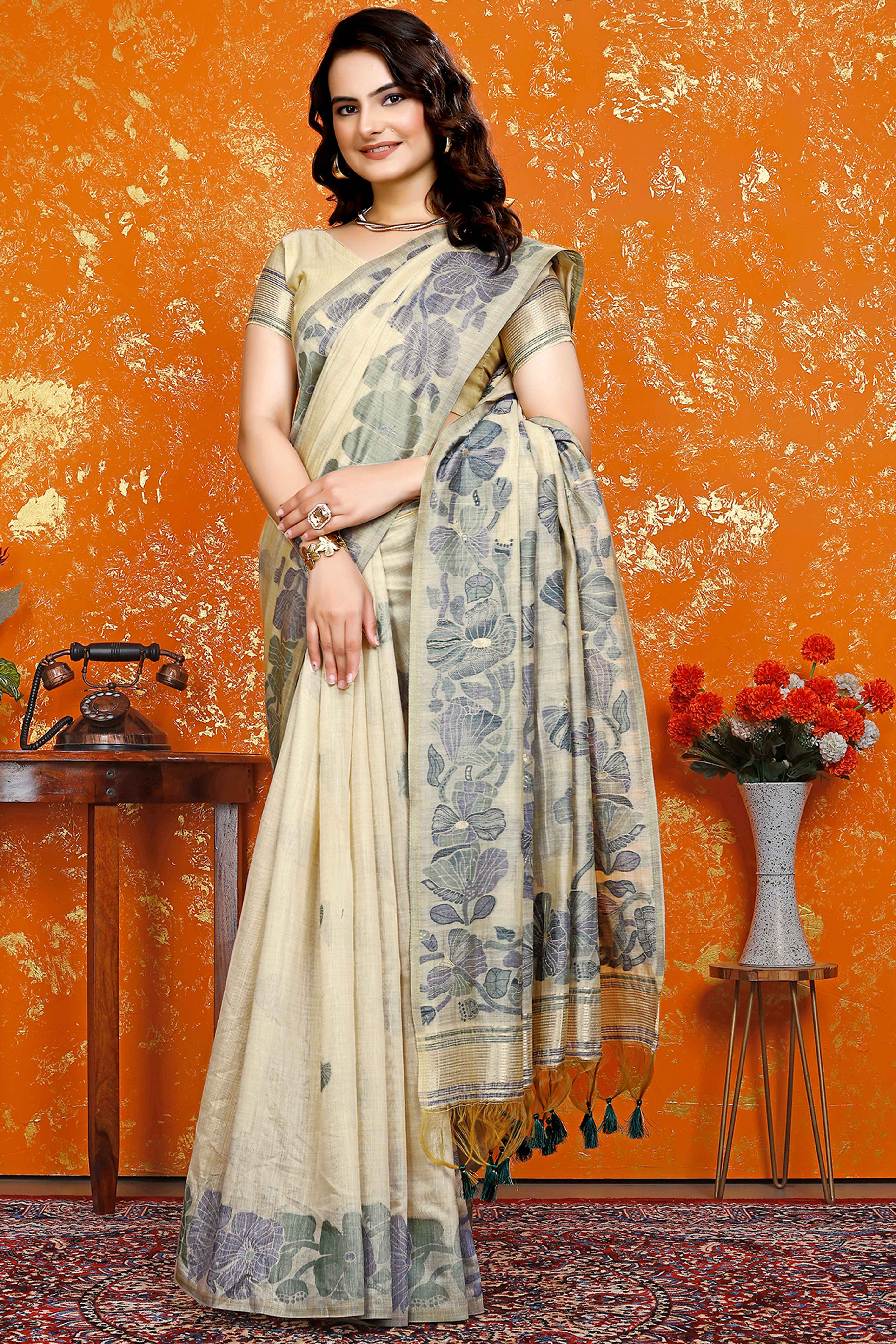 Beige Handwoven Muga Cotton Saree Decorated with Fine Meenakari Weaving Patterns