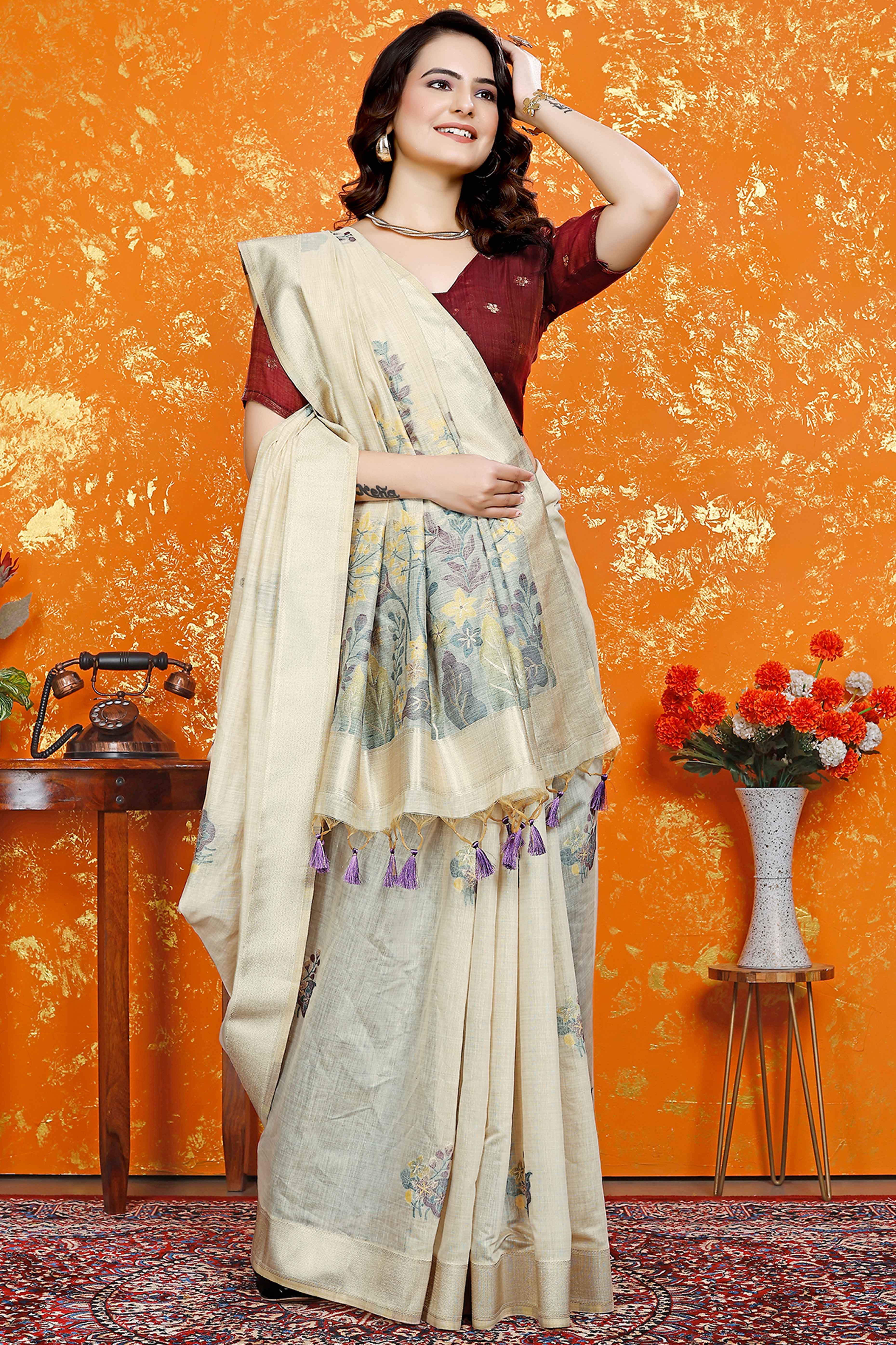 Beige Traditional Soft Muga Cotton Saree Elevated with Rich Meenakari Weaving Detailing