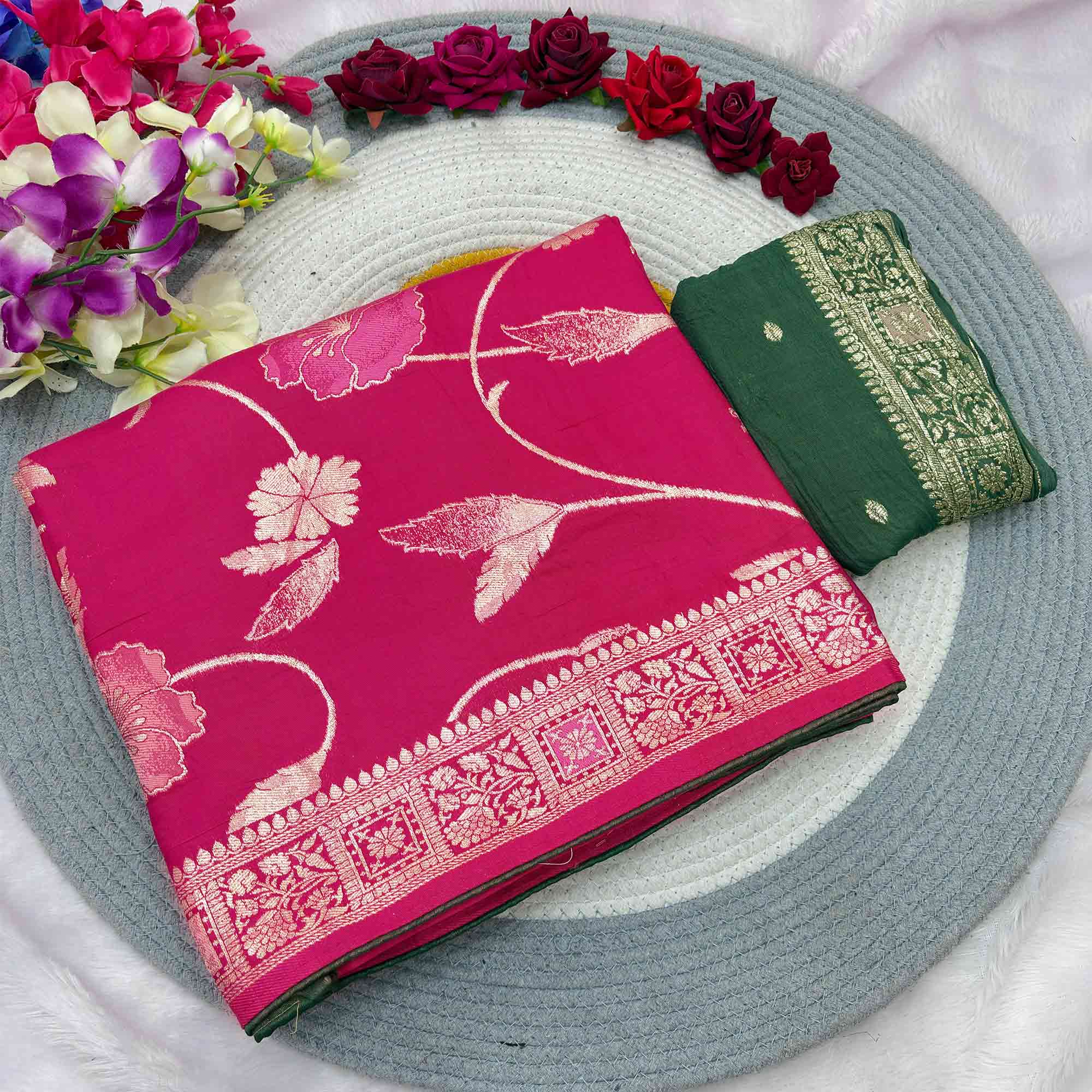 Pink Graceful Soft Muslin Saree Highlighted with Premium Meenakari Zari Work