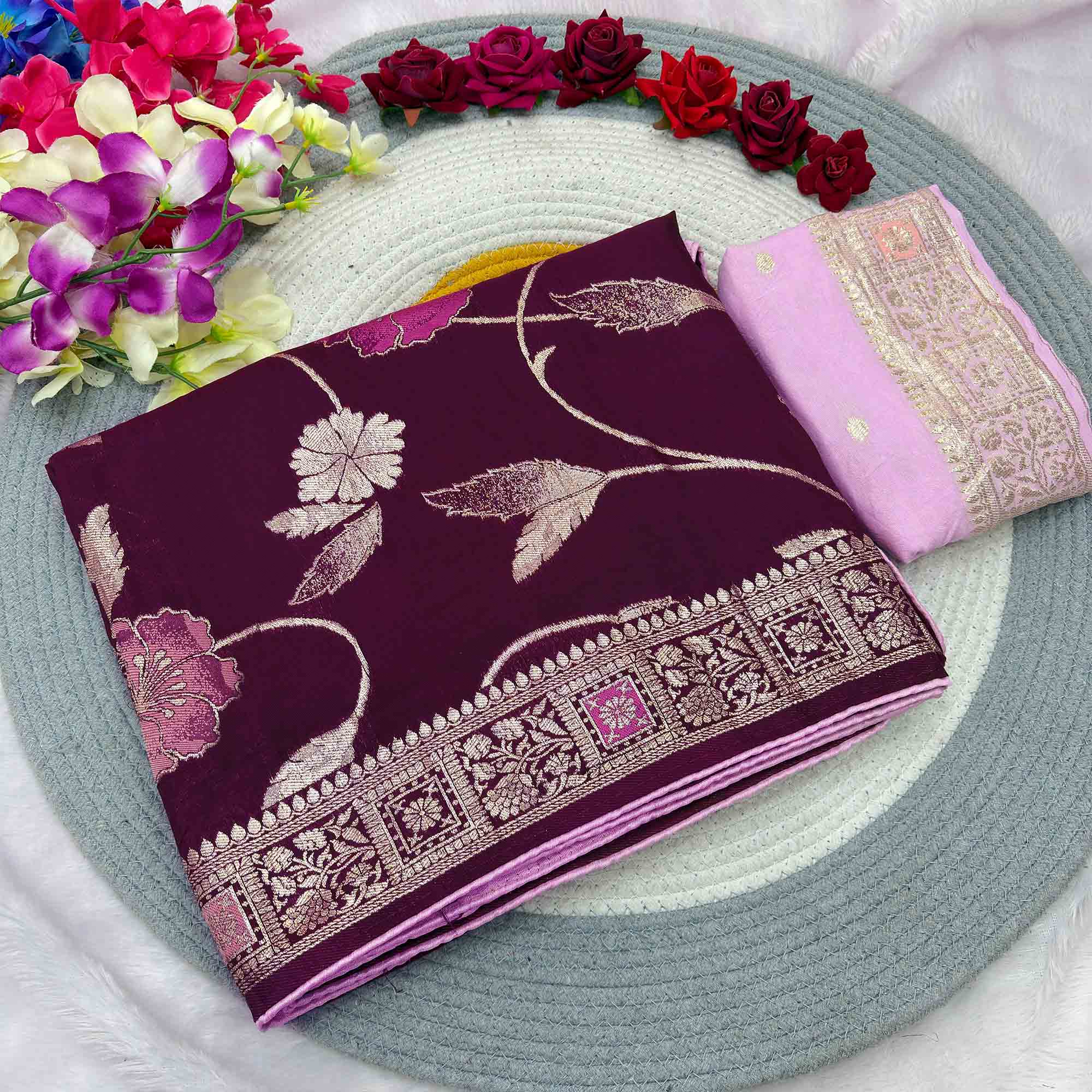 Purple Graceful Soft Muslin Saree Highlighted with Premium Meenakari Zari Work