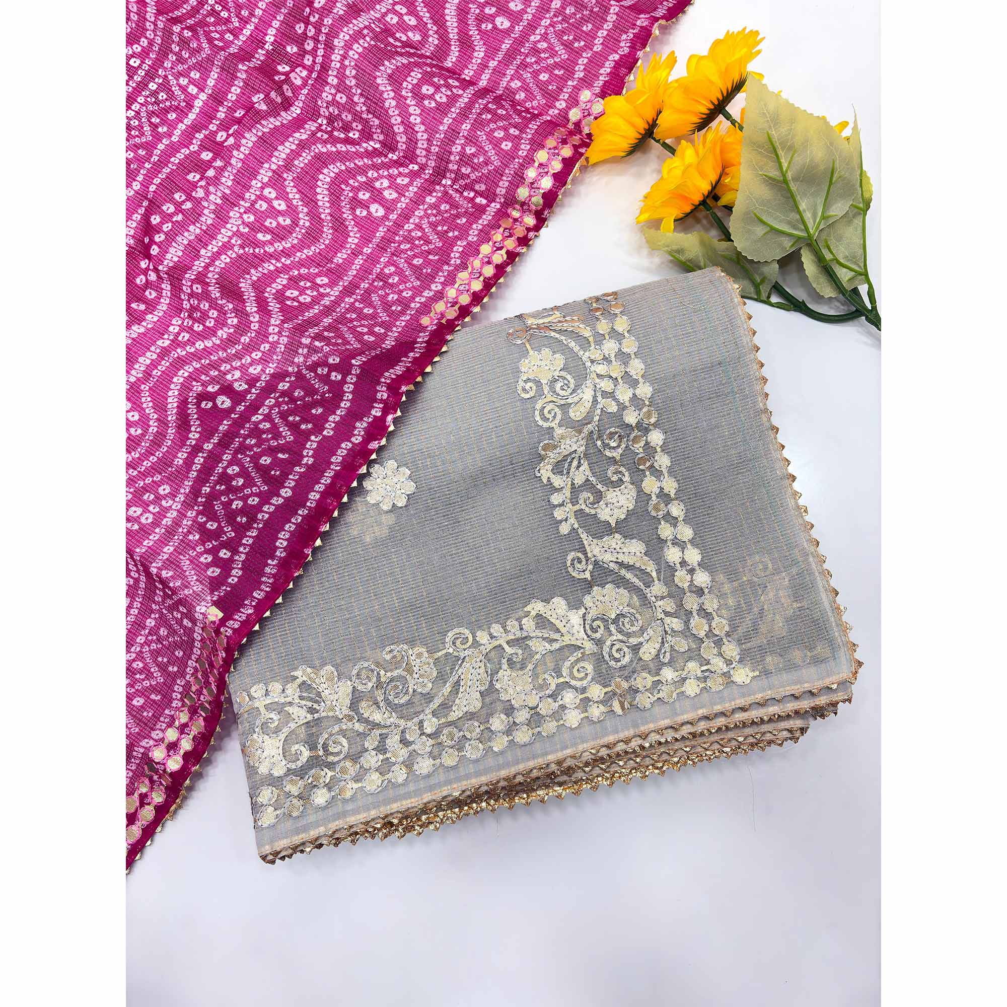 Grey Pure Kota Doria Saree Adorned with Exquisite Gota Work Embroidery