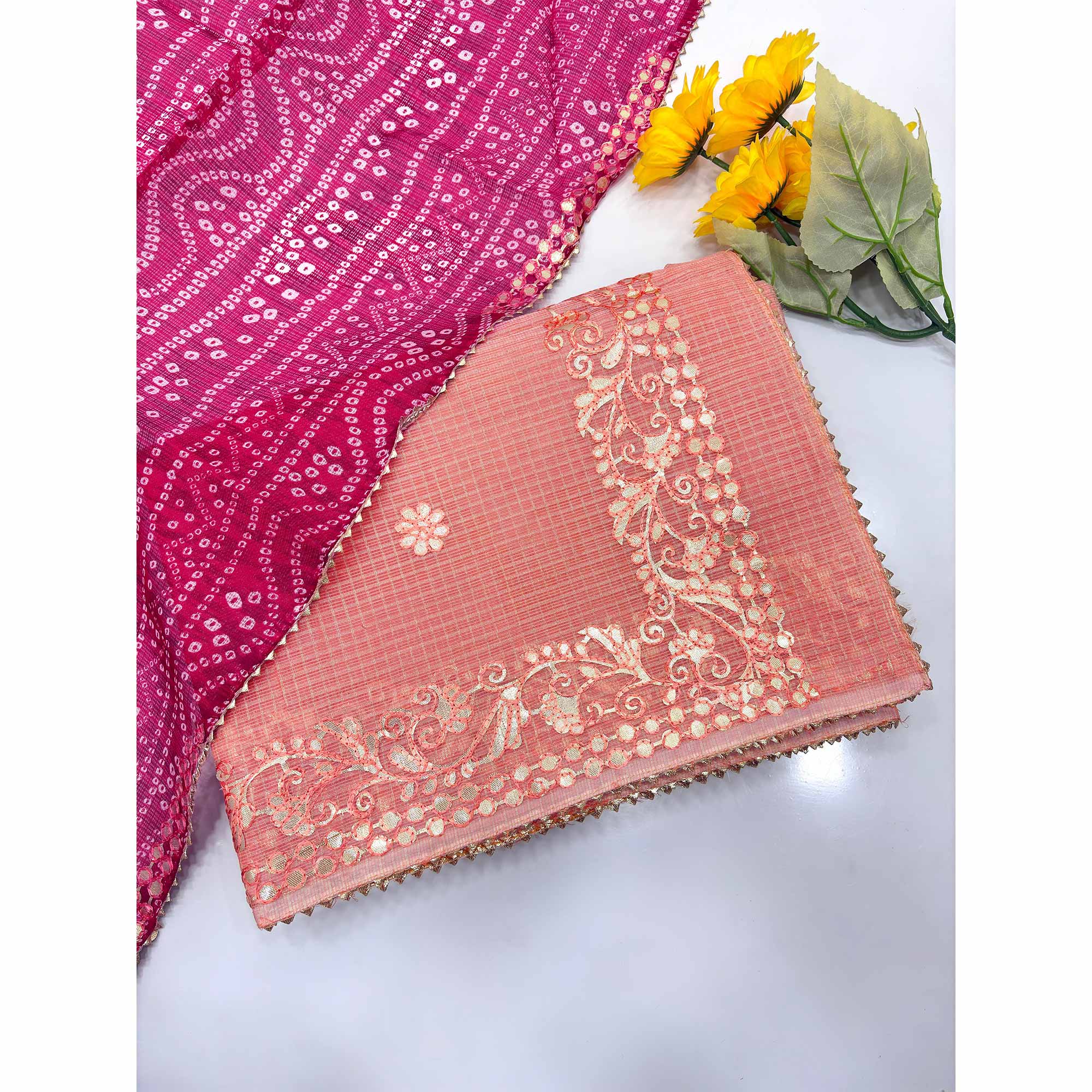Peach Pure Kota Doria Saree Adorned with Exquisite Gota Work Embroidery