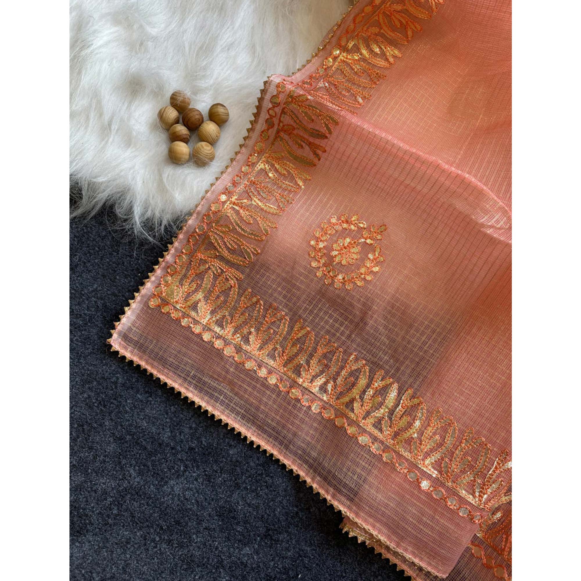 Peach Festive Kota Doria Saree Decorated with Classic Gota Work Embroidery