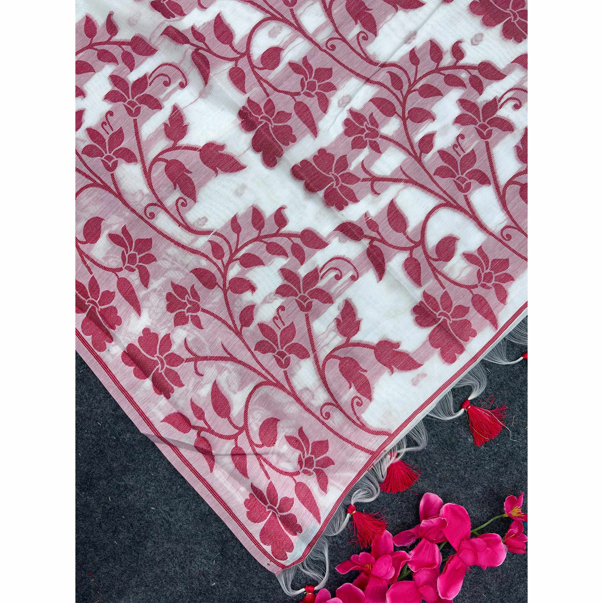 White and Red Floral Weaving Muga Cotton Silk Saree Crafted with Elegant Detailing and Classic Appeal