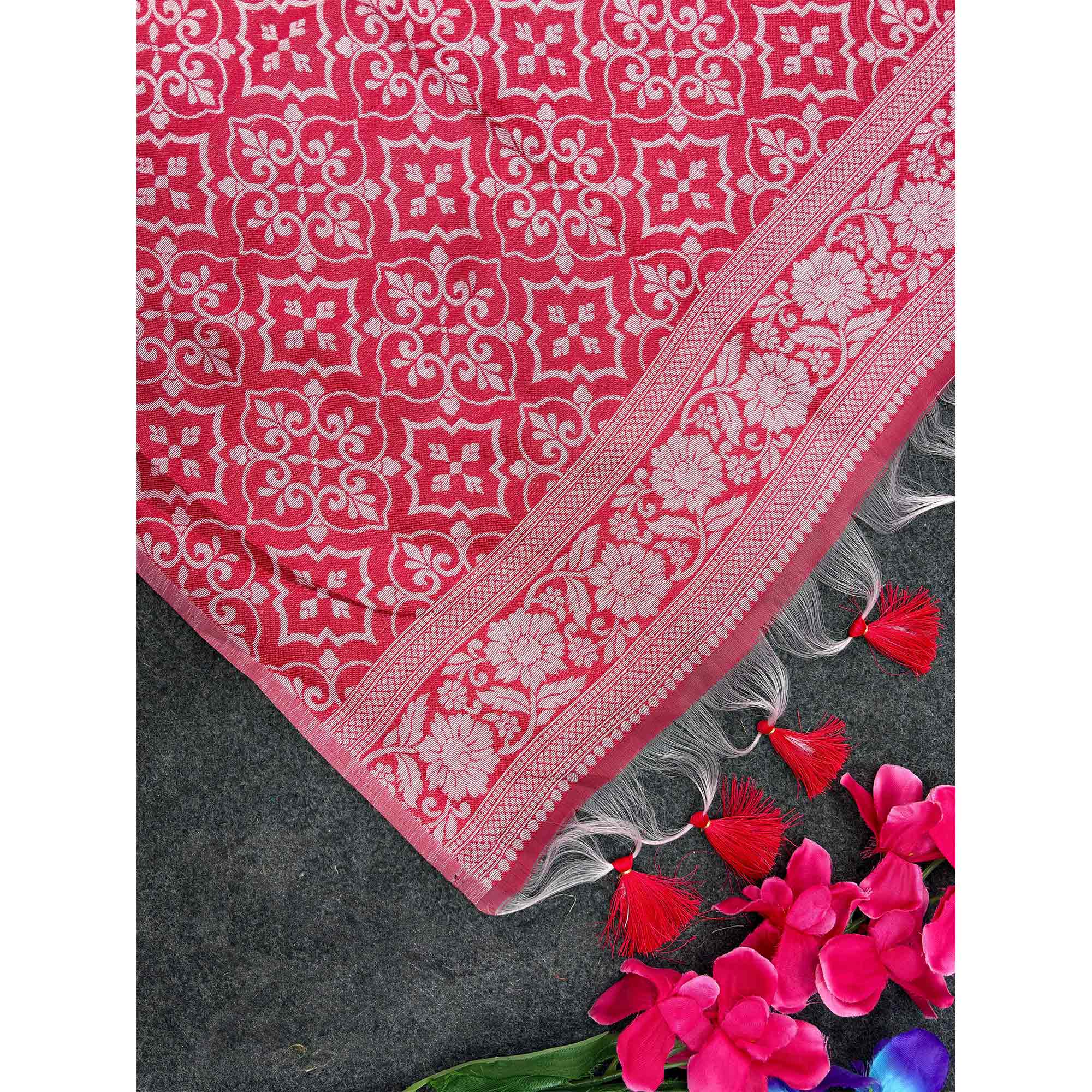 White and Red Traditional Weaving Muga Cotton Silk Saree Designed with Classic Craftsmanship