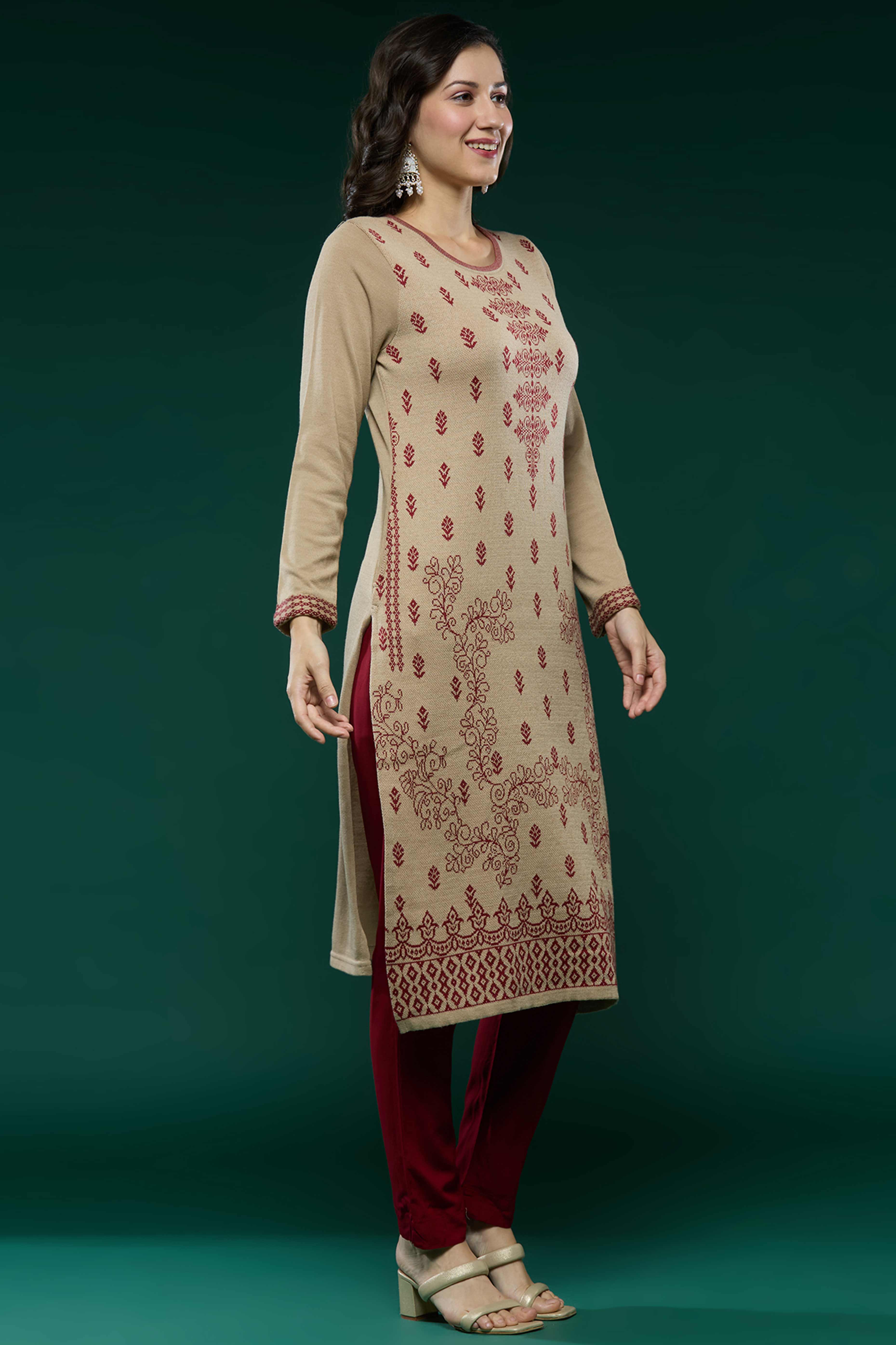 Beige Woolen Straight Kurti